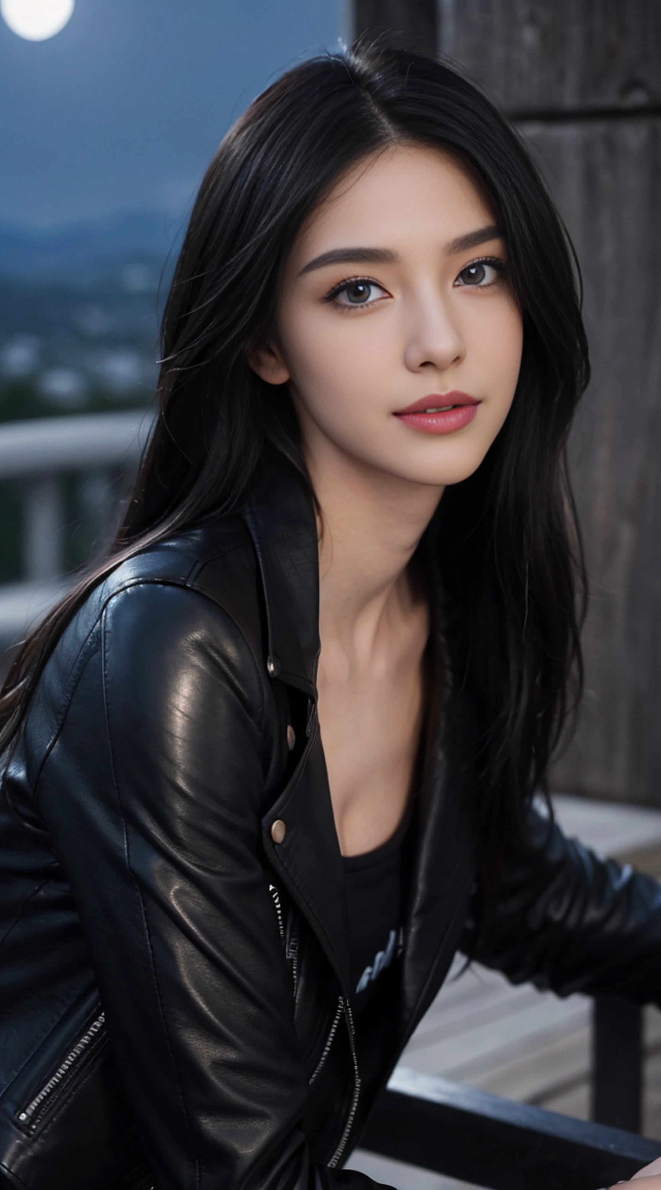 8K, Top Quality, Intricate Details, Ultra Detail, Ultra High Resolution, Masterpiece, random angle, Slender, Smile, (Makeup: 0.4), (Fluffy Blue Eyes: 1.21), blue Eyes, looking at viewer, ((full body)), 1girl, solo, 1 girl, (( full body)), close up shot, , ((tall)), (((fit body))), (((slim face))), sharp face, sharp eyes, (((black hair, long hair, )) (detailed face), sharp face, small lips,
((leather jacket, )), detailed face, detailed breasarge breast, dets, , Beautiful l with accentuated slender abs: 1.4, Six Pack Abs: 1.4, Bust Botox, Big, Perfect Body, detail leg, (( moonlight)), top of mountain