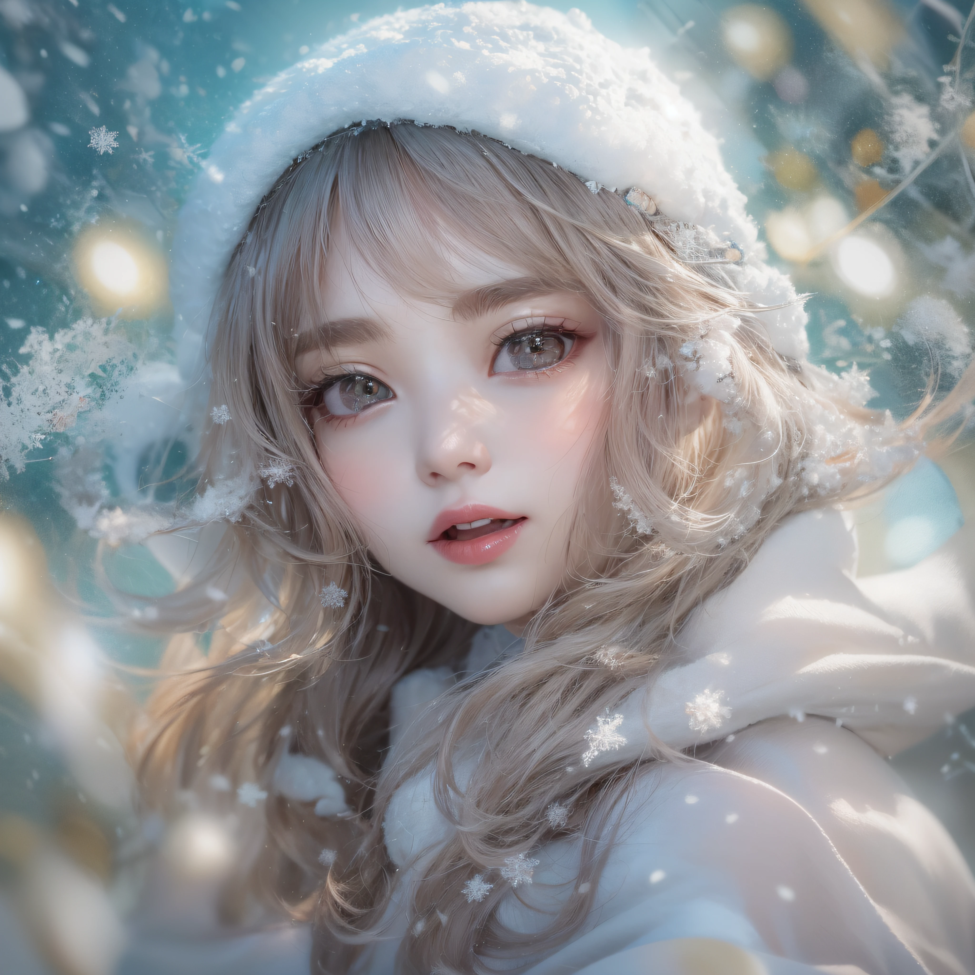 snowscape、Snow powder、Queen of snow、Close-up of laughing face、Glossy lips、Shining eyes、Snow Girl、Snow Costume、Cosplay、(realisitic、hight resolution)、(1 girl in)、Snow Girl、Do-Up Eye、Korean Girl、(Best Quality), (masutepiece), (1girl in), Solo, a beauty girl, Perfect face, dreamlikeart、Highly detailed airbrush art((Surreal))、Volumetric lighting、(top-quality)、The ultra-detailliert、(The composition of the movement:1.4)、Highly detailed colorful details、(Bright lighting)、dynamic compositions、Ray traching、The mirror reflects light、Shallow depth of field、ultra-detailliert、mixing  exposure、nffsw、Her eyes are glowing with a deep pink color、Snow falling in the background、Snowy mountains are shining