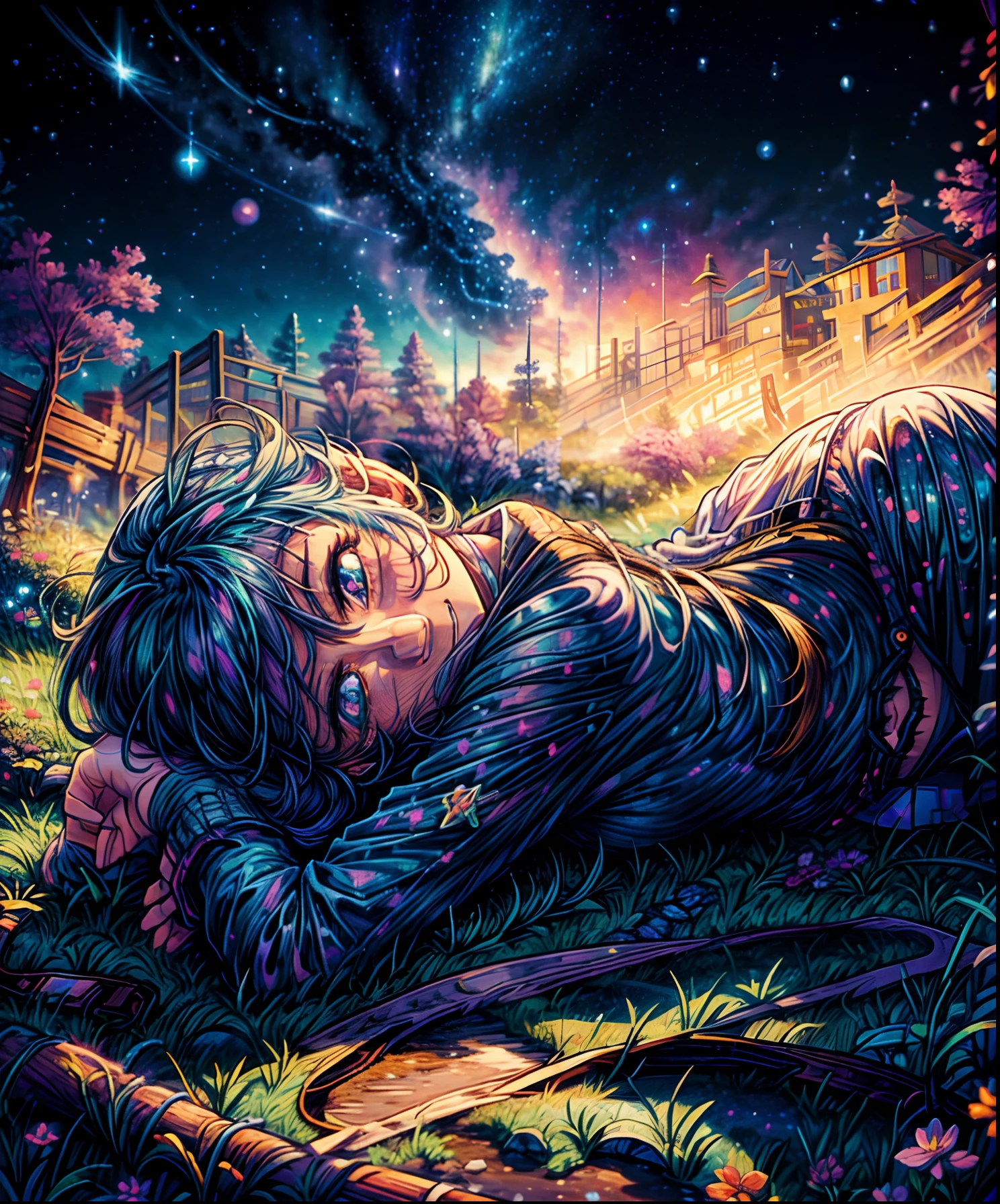 Describe a scene where a cute girl character is lying on a grassy hill, Looking up at the starry sky. Surround her with colorful nebulae and her favorite constellations.