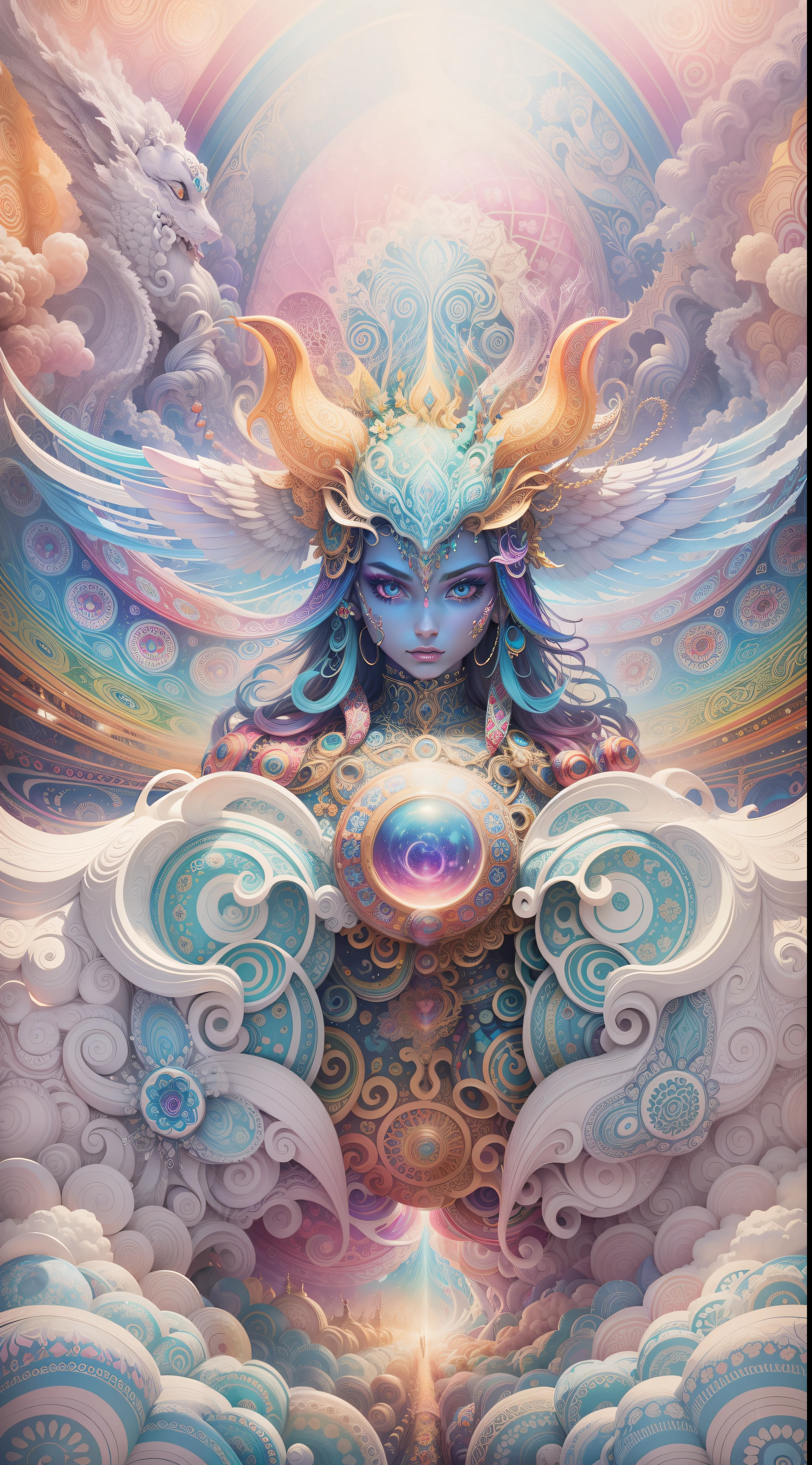 Intricate details, many colorful, psychedelic art, trippy, Heaven and hell, battle, full objects show, candy, rainbow, beautiful face