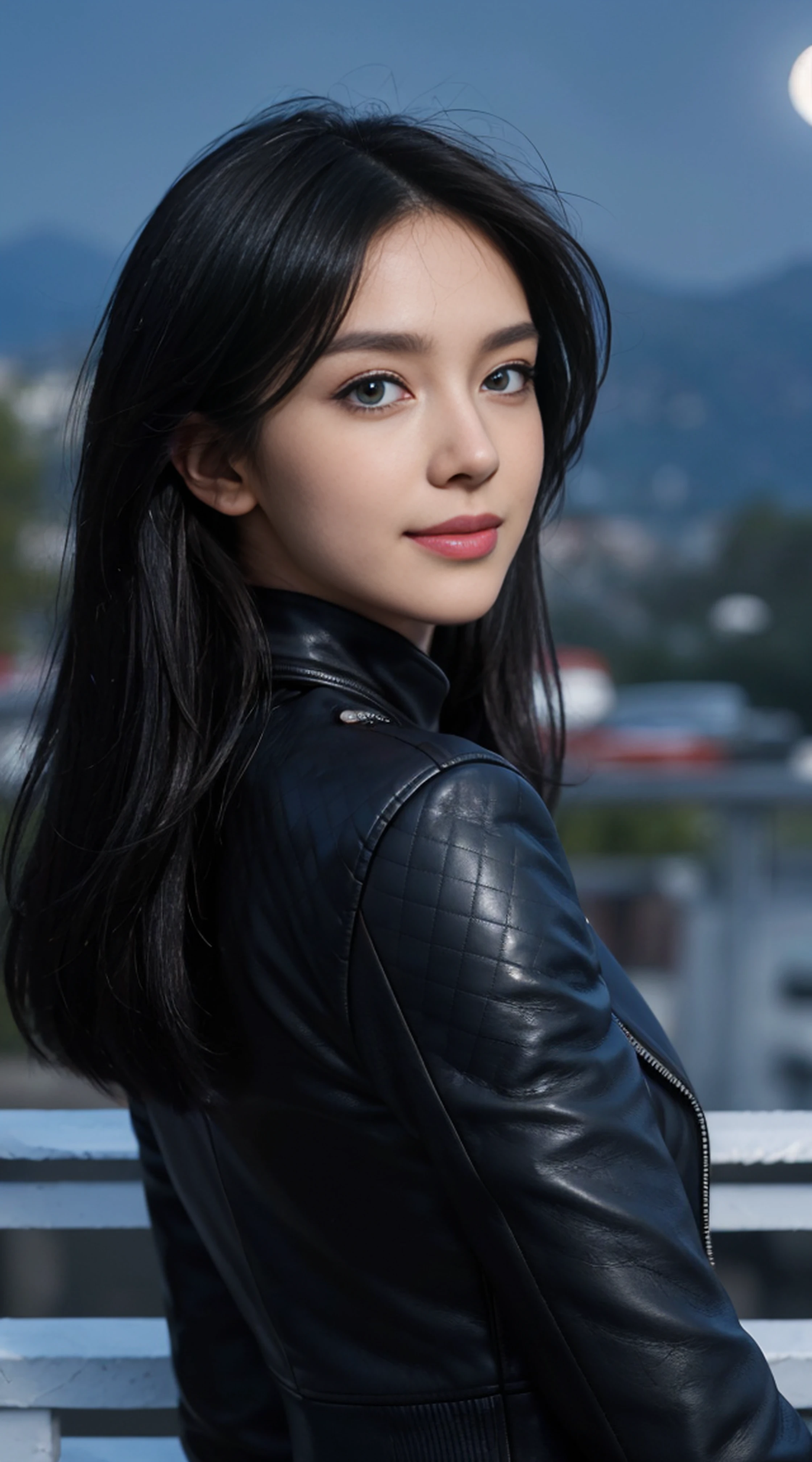 8K, Top Quality, Intricate Details, Ultra Detail, Ultra High Resolution, Masterpiece, random angle, Slender, Smile, (Makeup: 0.4), (Fluffy Blue Eyes: 1.21), blue Eyes, looking back, ((full body)), 1girl, solo, 1 girl, (( full body)), close up shot, , ((tall)), (((fit body))), (((slim face))), sharp face, sharp eyes, (((black hair, long hair, )) (detailed face), sharp face, small lips,
((leather jacket)), detailed face, detailed breast, , large breast, detail ass, round ass , Beautiful girl with accentuated slender abs: 1.4, Six Pack Abs: 1.4, Bust Botox, Big, Perfect Body, detail leg, (( moonlight)), top of mountain
