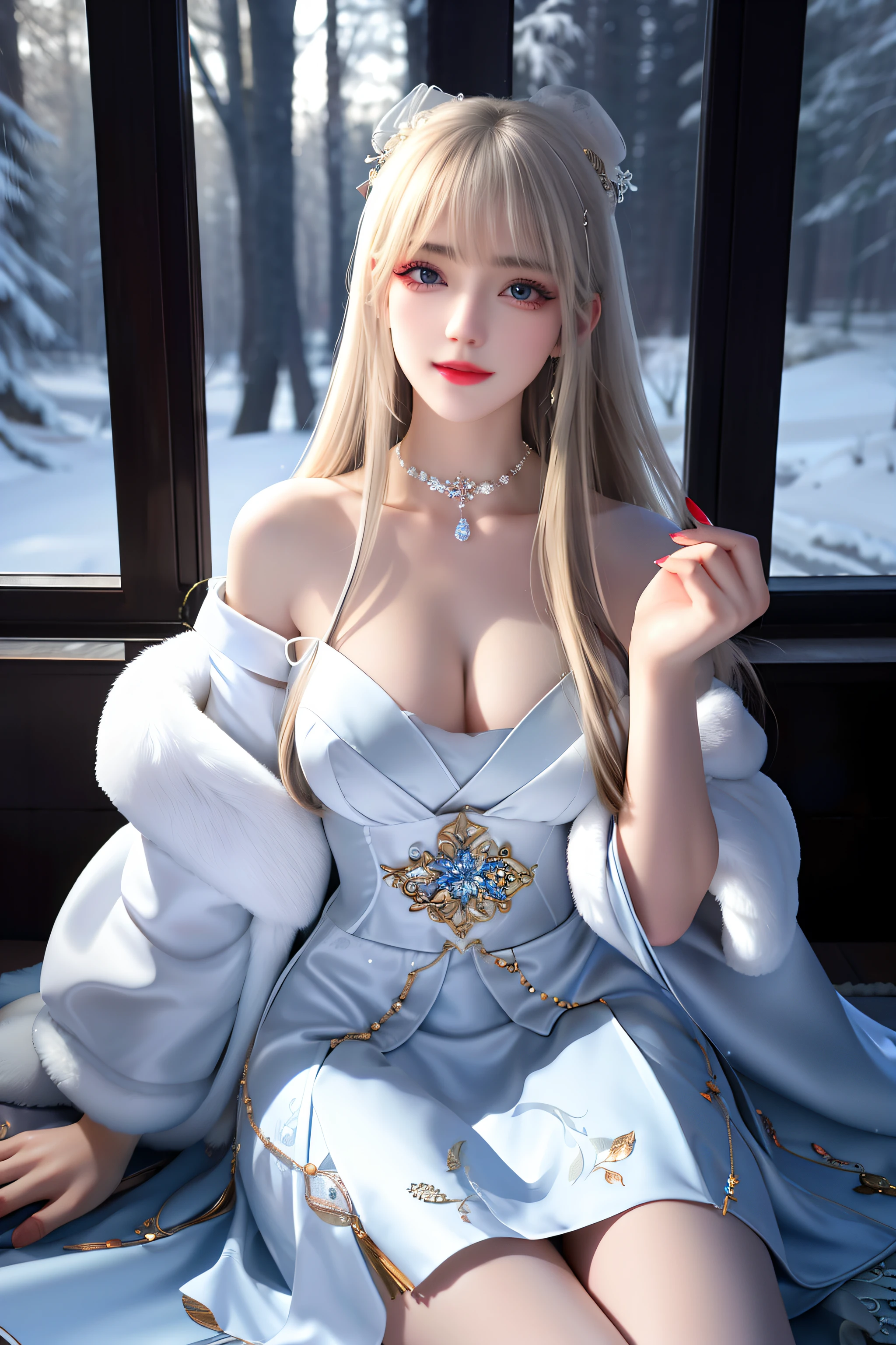 best qualityer,8K, tmasterpiece, A high resolution, 1girll, Clear silk porcelain dress, Fur coat, hair adornments,Delicate face shape,Perfect face shape, ssmile, Keep one's mouth shut, cparted lips,Large breasts,Shoulder, shift dresses, hair adornments, choker necklace, jewely, Chinese outfit, long whitr hair, 耳Nipple Ring, Detailed beautiful eyes, detailed eyelashes, beautiful face,after sexing_Body,Slender and long legs, Tyndall effect,realisticlying, edge lit, twotonelighting,(highdetailskin:1.2), 8K, Ultra HD, digital SLR camera, gentle illumination, high high quality, Volumetriclighting, Frankness, photore, A high resolution, Bokeh, at a forest, Falling snow, Winters, in the afternoon