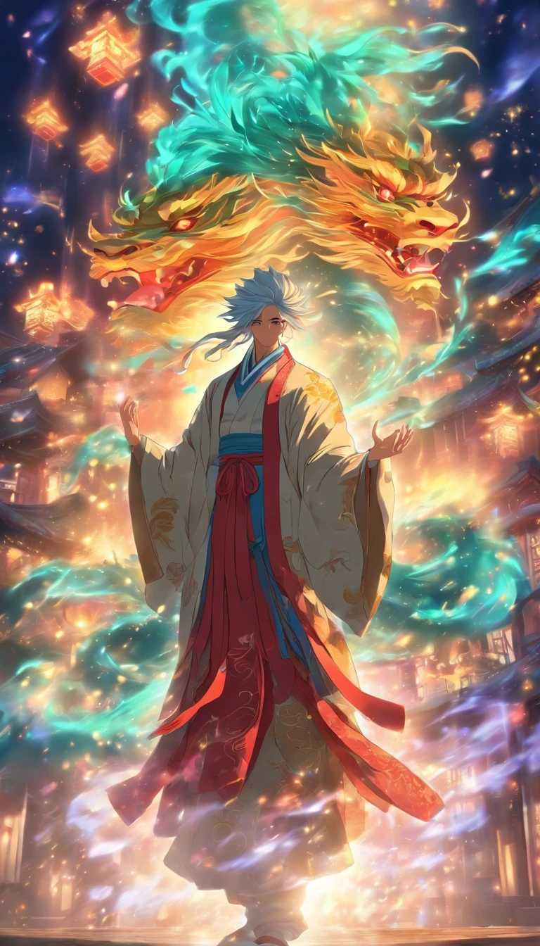 China-style，中景 the scene is，The Taoist priest stood in front of a huge transparent glowing projection，Stretch your hands，Long messy hair，Glow effects，8K，super-fine，tmasterpiece，high qulity