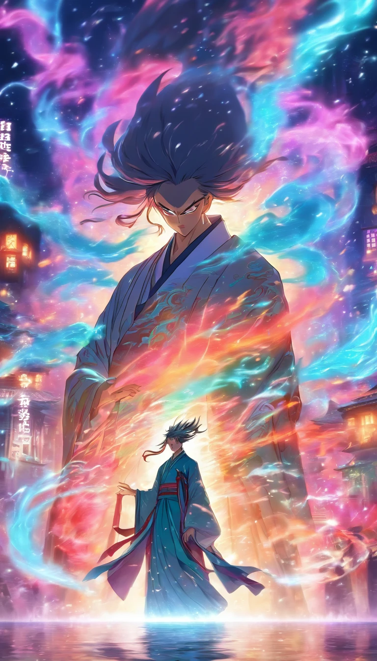 China-style,中景 the scene is,The Taoist priest stood in front of a huge transparent glowing projection,Stretch your hands,Long messy hair,Glow effects,8K,super-fine,tmasterpiece,high qulity
