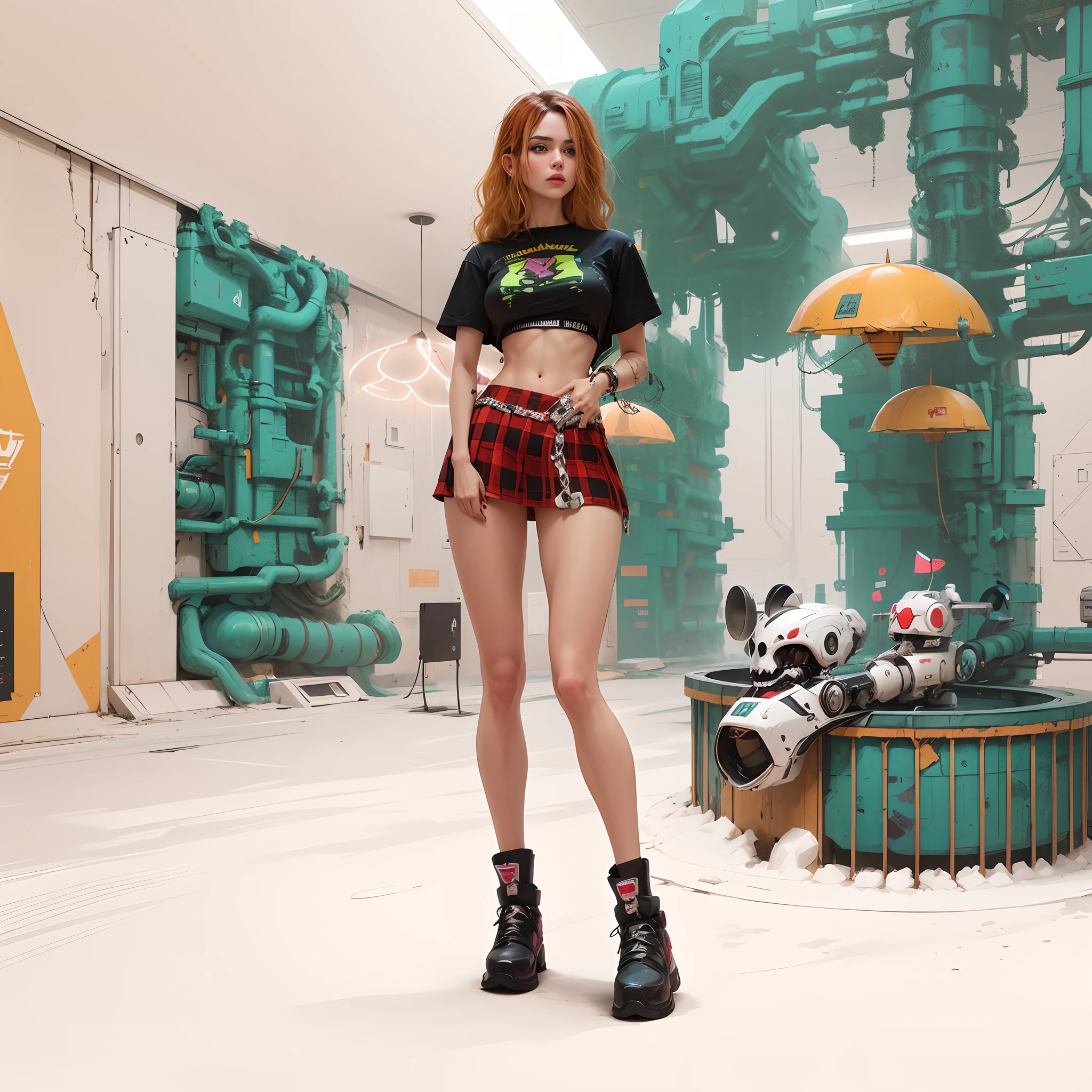 There is a woman in a short skirt and black shirt, Cyberpunk 2 0 e. o modelo menina, no estilo cyberpunk, in a cyberpunk setting, em cyberpunk city, roupa estilo cyberpunk, estilo cyberpunk hiper-realista, roupa cyberpunk, cyber punk setting, fashionable cyberpunk mechanoid, em cyber punk 2077, arte cyberpunk ultrarrealista 8k