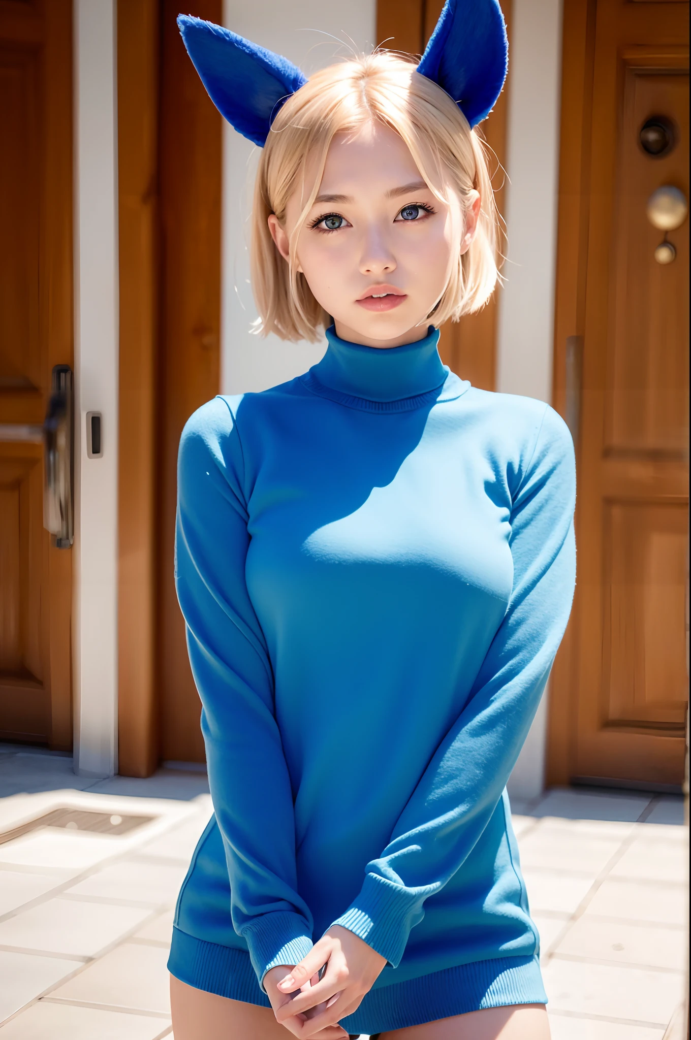 masterpiece, top quality, official art, highly detailed CG unity 8k wallpaper, single girl, ultra high definition, (photorealistic: 1.4), golden hour lighting, sweater dress, (upper body), (Kpop Idol), (charming: 1), (platinum short hair: 0.8), ((puffy eyes)), looking at the viewer, facing forward, smiling, laughing,middle chest, shirt lift, gloves,shorthair, ( blue dog ears),