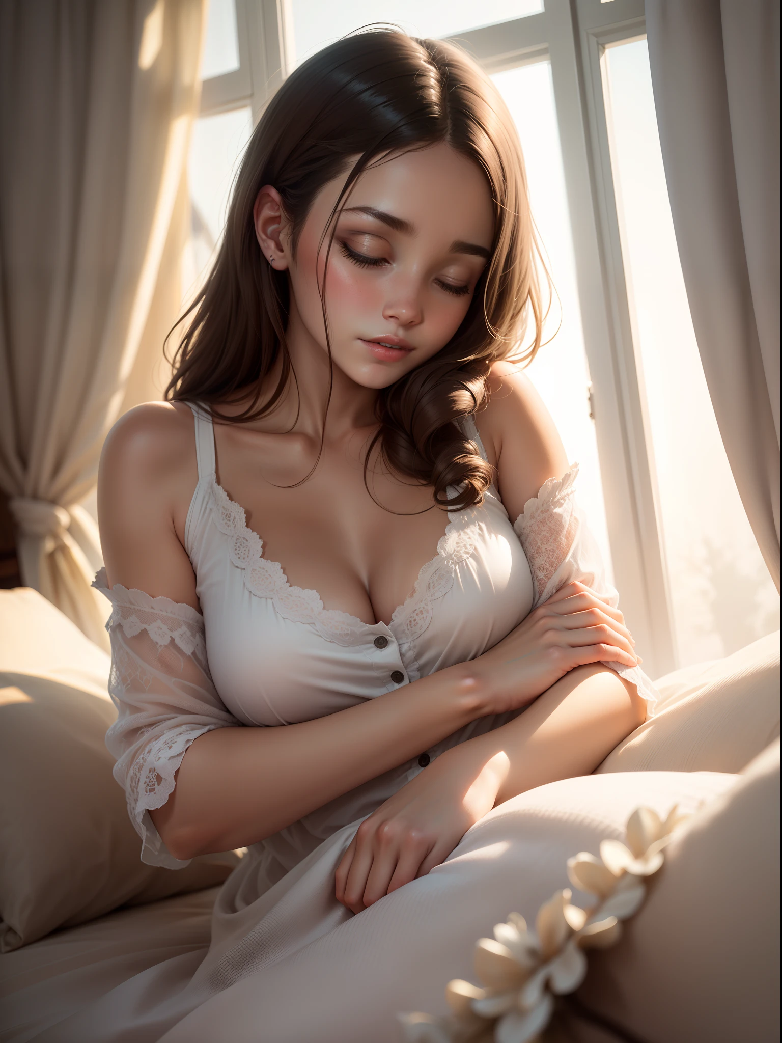 (best quality,ultra-detailed),realistic,girls,beautiful detailed eyes,beautiful detailed lips,soft and flowing hair,peaceful expression,sleeping peacefully,natural light,gentle and warm colors,comfortable and cozy atmosphere,soft and fluffy pillows,clean and neatly made bed,silky and smooth bed sheets,relaxing and serene environment,subtle shadows on the girl's face and body,subdued lighting,gentle and comforting ambiance,quiet and tranquil setting,subtle hints of sunlight streaming through curtains,relaxation,serenity,peace.