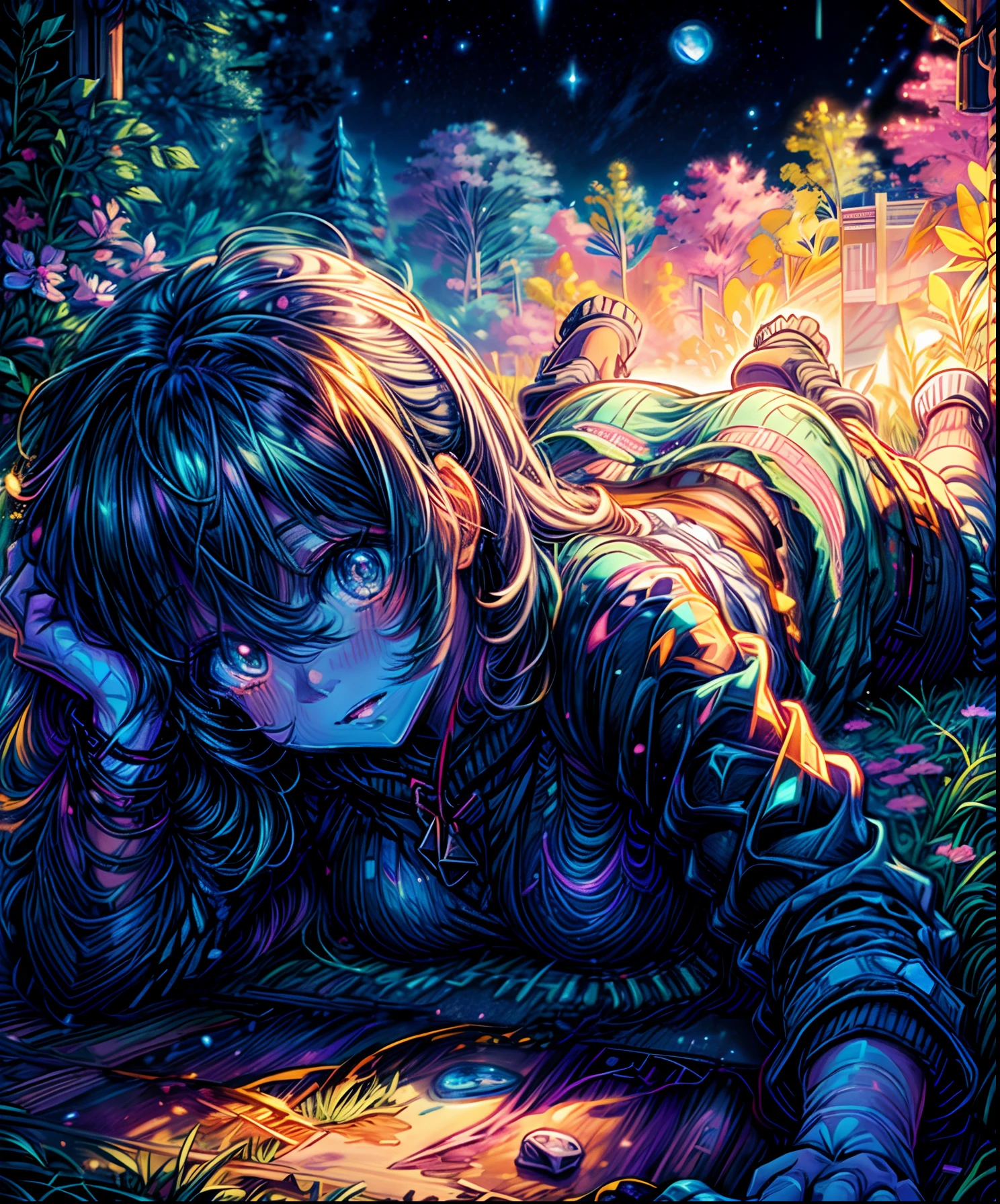 Describe a scene where a cute girl character is lying on a grassy hill, Looking up at the starry sky. Surround her with colorful nebulae and her favorite constellations.