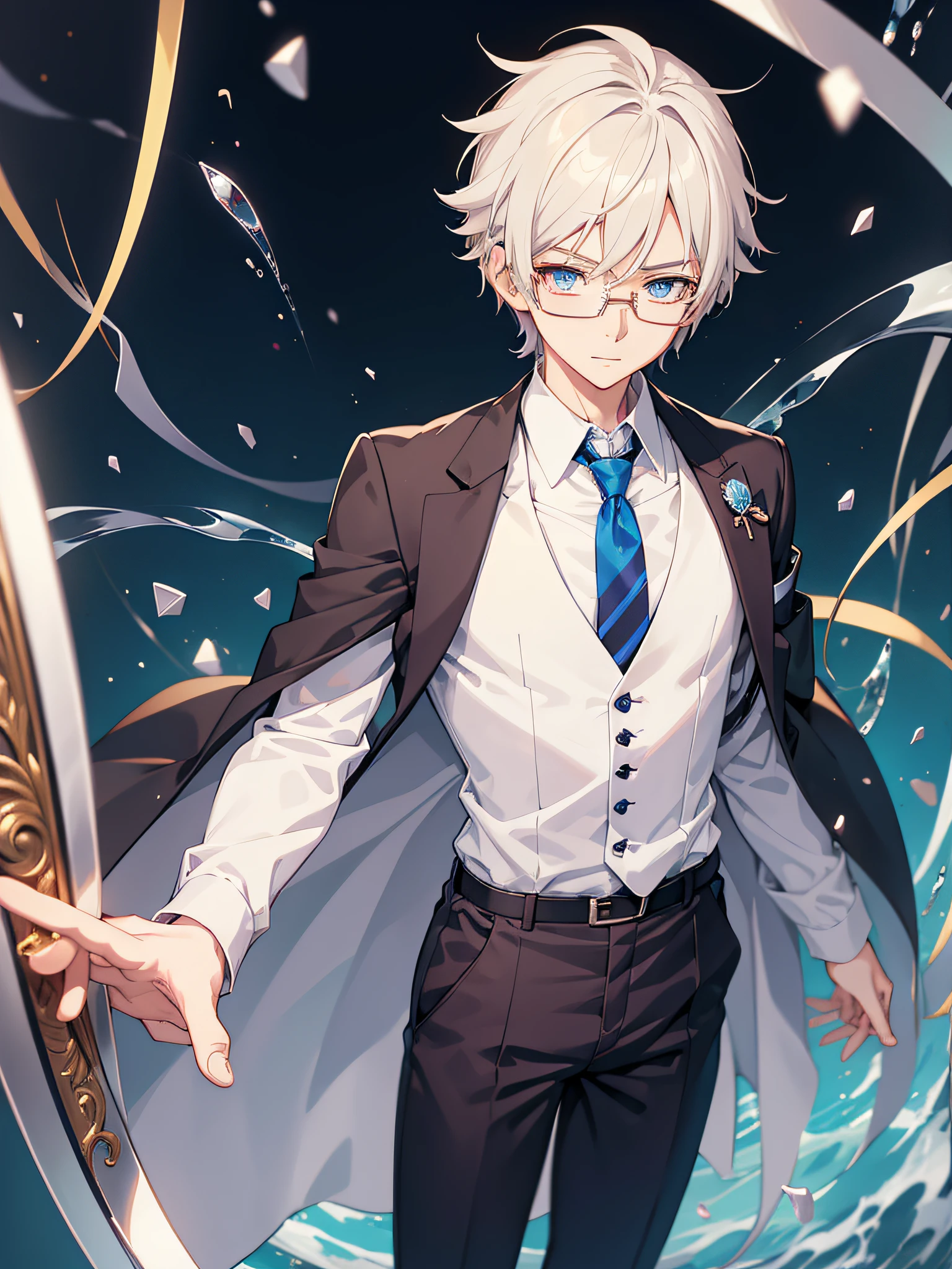 Anime boy with glasses and tie looking at camera, inspired by Okumura Togyu, anime moe artstyle, 2 d anime style, Tall anime guy with blue eyes, inspired by Okumura Masanobu, Anime boy, Young anime man, made with anime painter studio, [[[[grinning evily]]]], with glasses