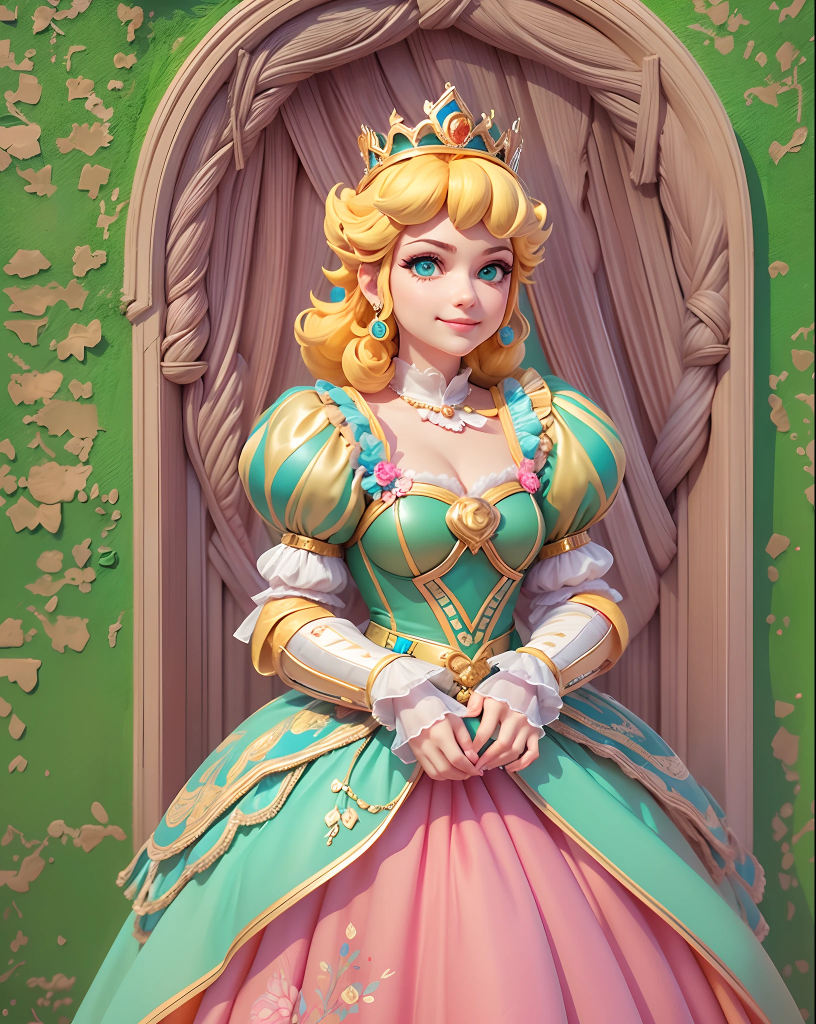 (best quality,4k,8k,highres,masterpiece:1.2),ultra-detailed,(realistic,photorealistic,photo-realistic:1.37),pixel art,princess peach waving,colorful,retro video game style,pink dress,crown,castle,smiling face,beautiful detailed eyes,long blonde hair,green hills,blue sky,friendly expression,curly hair,peaceful background,classic video game vibes,8-bit,playful pose,classical 2D animation style,sparkling tiara,vibrant colors,softly waving hand,expressive eyes