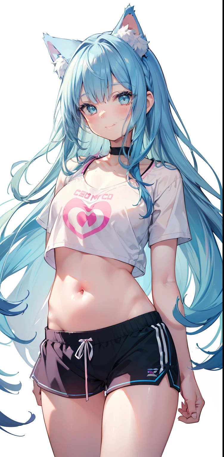 (sketch drawing), (close up), (teenage body), ((mouth, smiling, lips)), (chest a little big), (legs), (thighs), (pink cheeks), (short shirt ), (showing belly), (perfect belly), (gym shorts), (blue cat ears), (Beautiful cat ears), (blue hair), (green eyes), (long straight hair loose), ( fringe), (details on the strands), (white background),