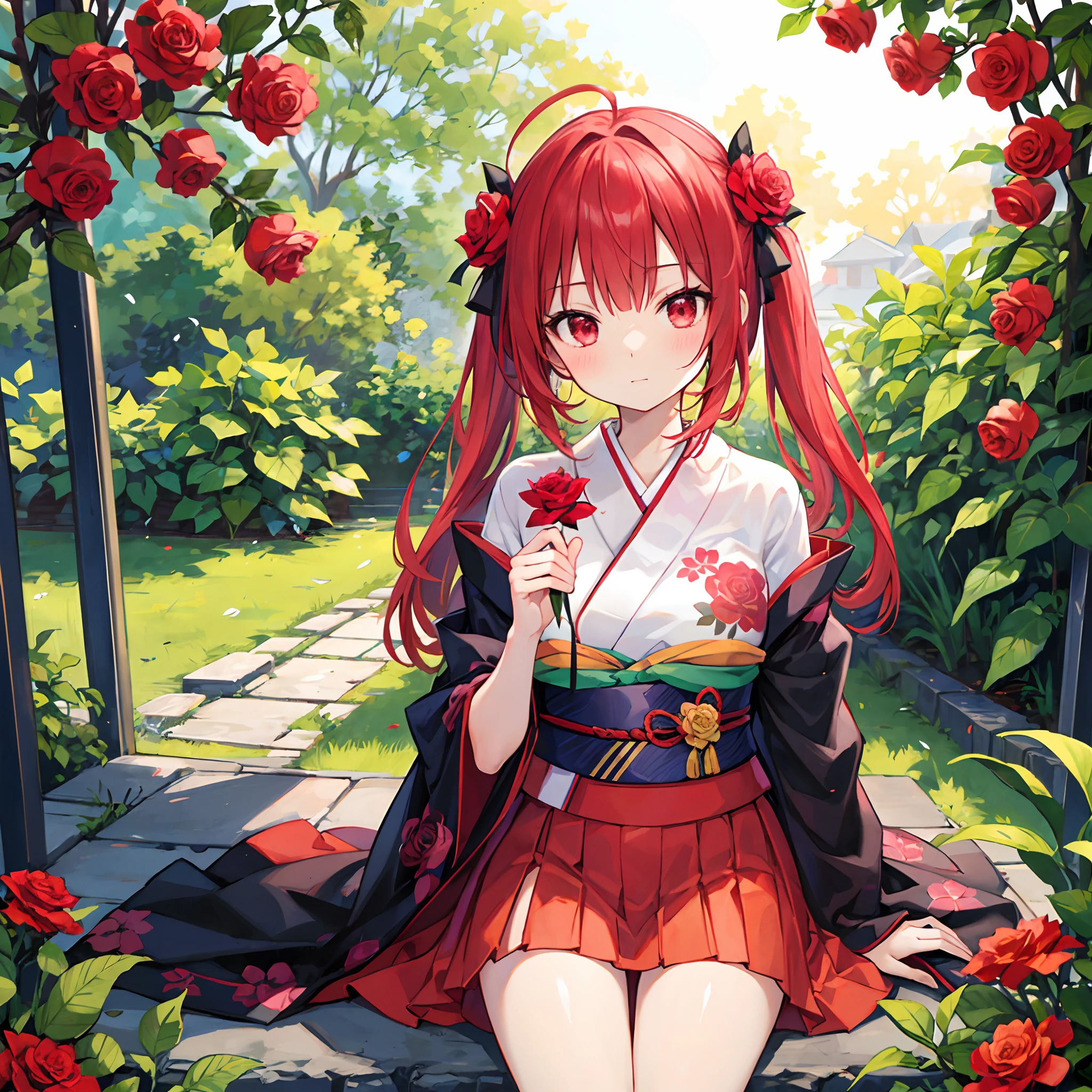 Red-haired、Dumpling head、red eyes、Beautiful girl alone、Kimono、a miniskirt、Bright red rose garden、sitting on