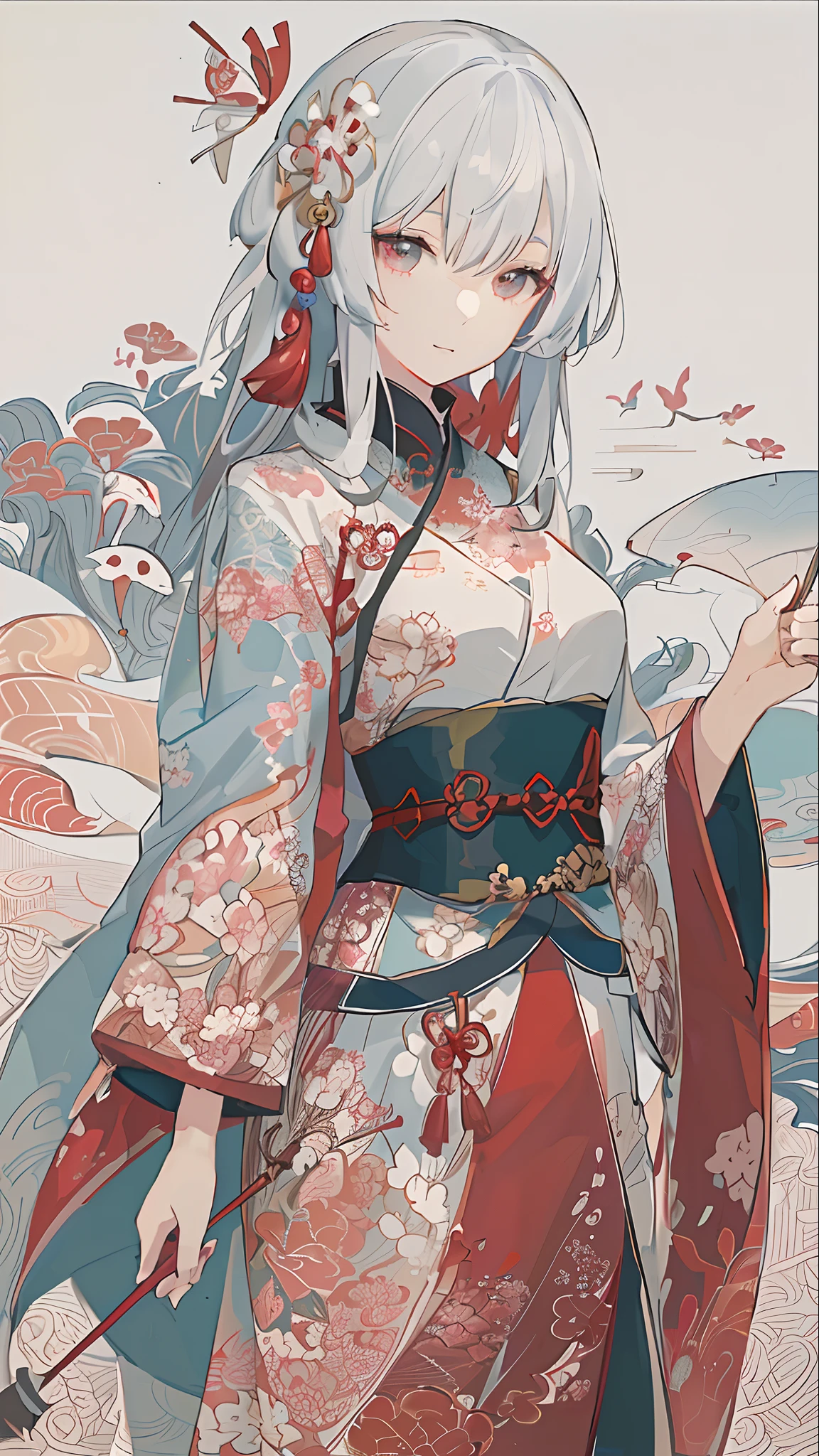 anime - style image of a woman in a kimono outfit with a fan, palace , a girl in hanfu, onmyoji detailed art, soft anime illustration, trending on artstation pixiv, onmyoji, clean detailed anime art, white haired deity, digital art on pixiv, cute anime waifu in a nice dress, onmyoji portrait, in kimono