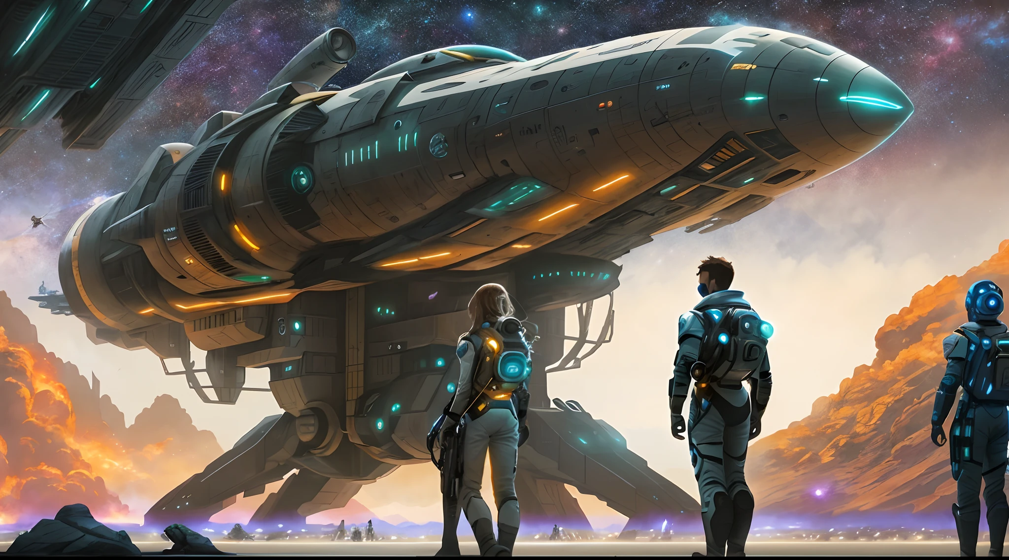 Futuristic sci-fi art of men and women standing in front of spaceship, Science-fi digital art illustration, sci-fi space game art, scifi illustration, epic sci-fi character art, epic scifi character art, epic scifi character art, scifi illustration, scifi illustration, epic fantasy sci fi illustration