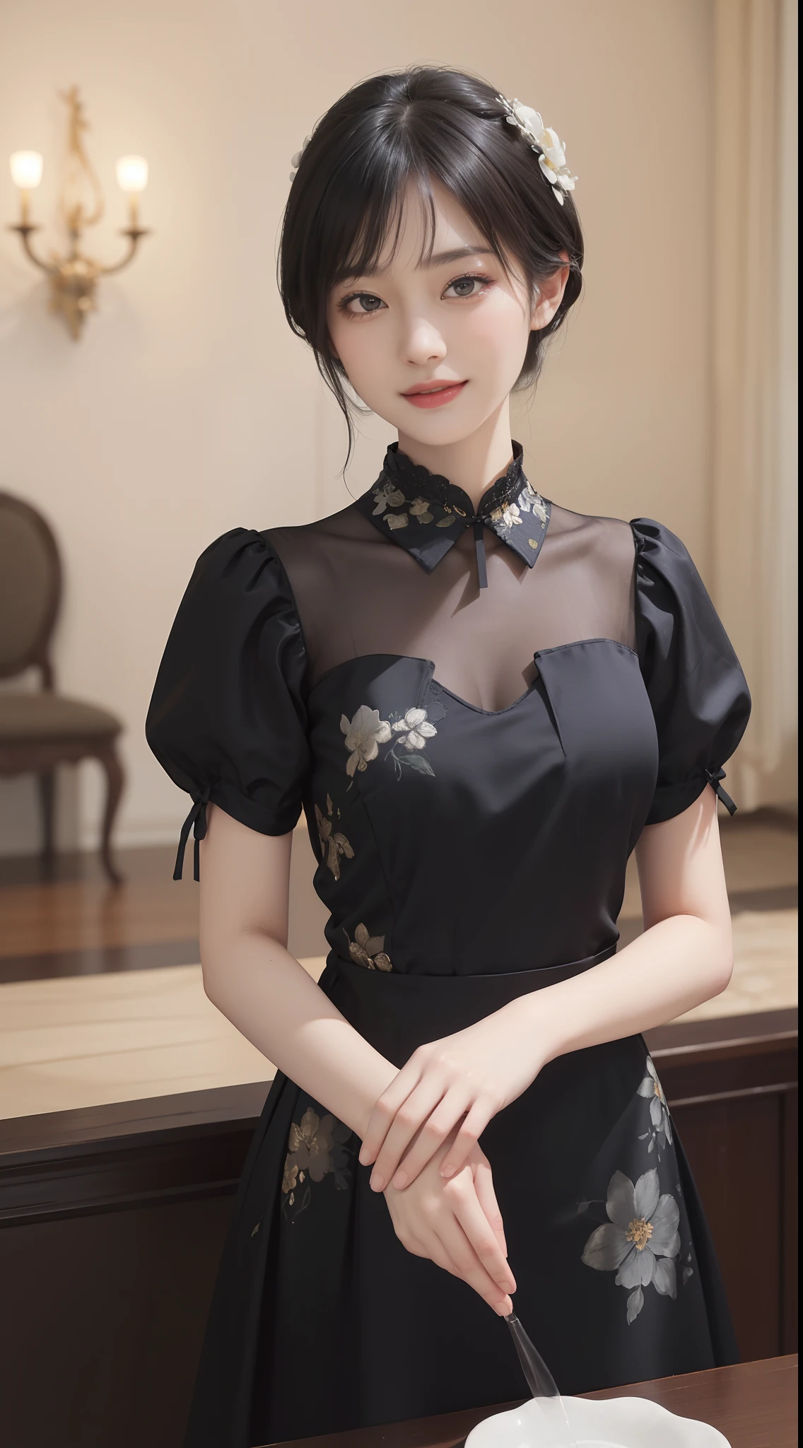 ((Best Quality))), (8K picture quality), ((Masterpiece)), (Very sophisticated、Beautiful fece), (wearing dresses) , (1womanl), (black-short-hair), Dress up, with floral pattern, Soft silk fabric, 电影灯光, Gentle facial expressions, (A slight smil:1.3), ((lightand shade contrast)), Luxurious interior windowsill