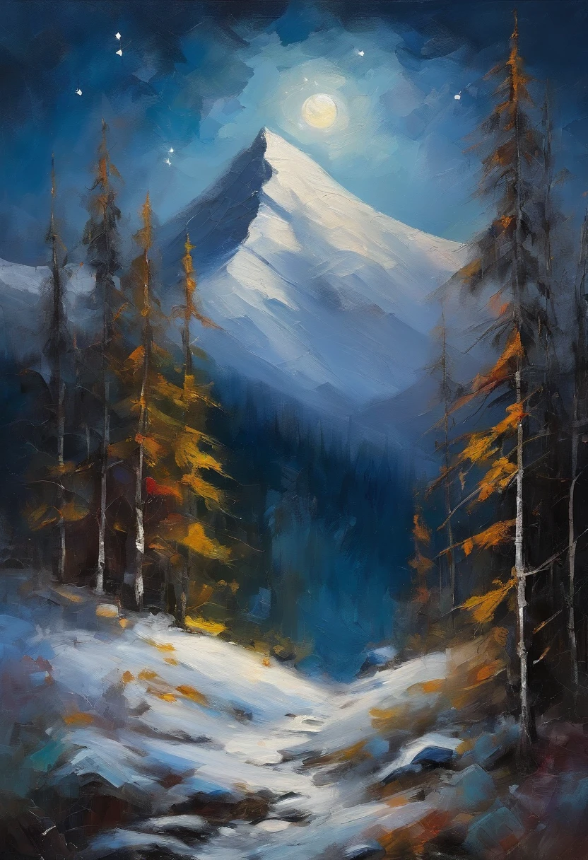 Snowy mountain night with snowy coniferous forest at the foot of the mountain。Full moon and many stars