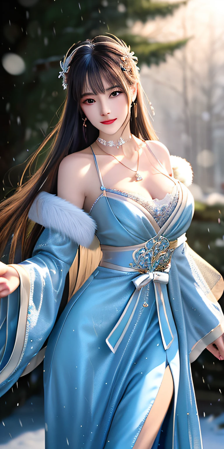best qualityer,8K, tmasterpiece, A high resolution, 1girll, Clear silk porcelain dress, Fur coat, hair adornments, ssmile, Keep one's mouth shut, cparted lips,Large breasts,Shoulder, shift dresses, hair adornments, choker necklace, jewely, Chinese outfit, long whitr hair, 耳Nipple Ring, Detailed beautiful eyes, detailed eyelashes, beautiful face,after sexing_Body, Tyndall effect,realisticlying, edge lit, twotonelighting,(highdetailskin:1.2), 8K, Ultra HD, digital SLR camera, gentle illumination, high high quality, Volumetriclighting, Frankness, photore, A high resolution, Bokeh, at a forest, Falling snow, Winters, in the afternoon