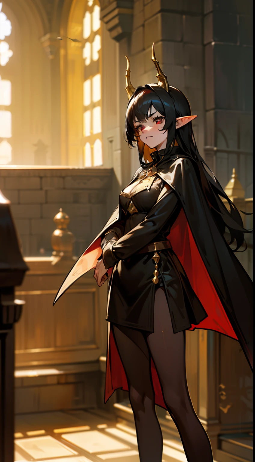 1woman,40 years,madure woman,solo,angry face,golden and black short dress,medium tits,black hair,long hair,red eyes,elves ears,golden horns,pantyhose,cape,(((standing in front of a room inside a castle)))