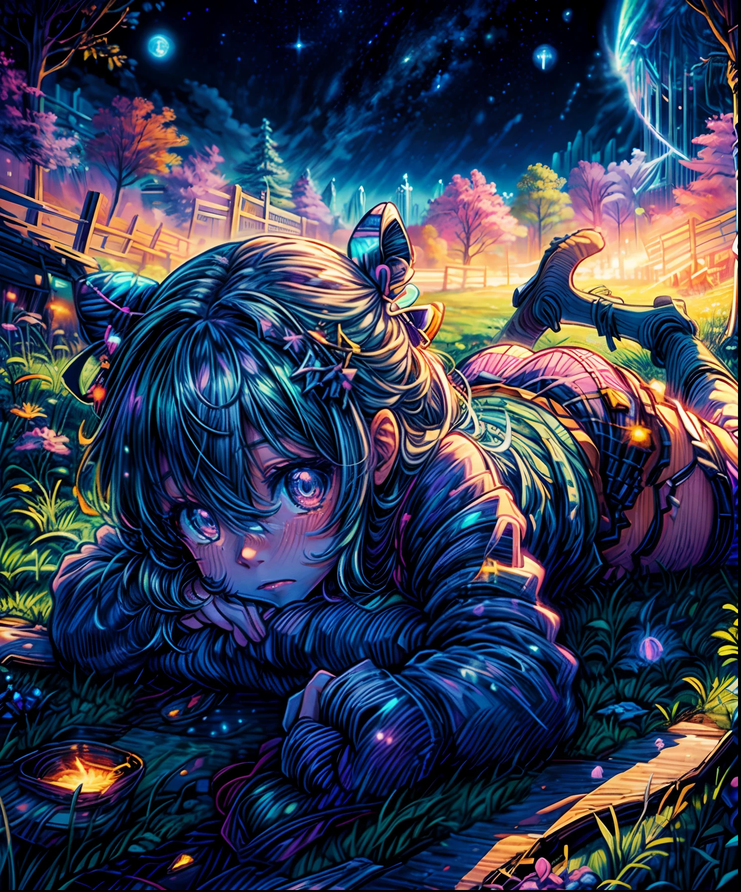Describe a scene where a cute girl character is lying on a grassy hill, Looking up at the starry sky. Surround her with colorful nebulae and her favorite constellations.