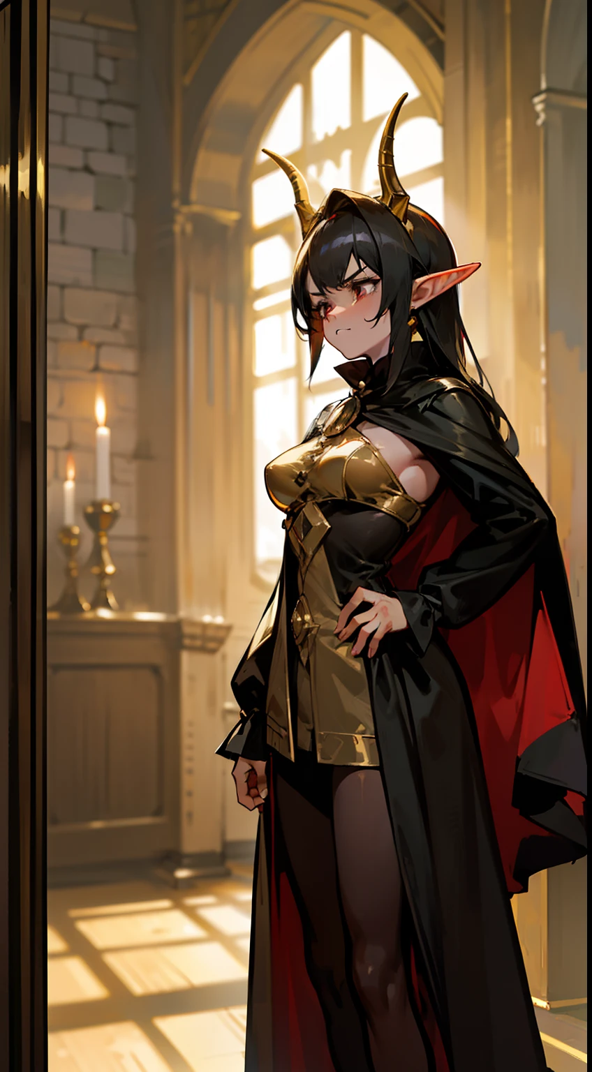 1woman,40 years,madure woman,solo,angry face,golden and black short dress,medium tits,black hair,long hair,red eyes,elves ears,golden horns,pantyhose,cape,(((standing in front of a room inside a castle)))