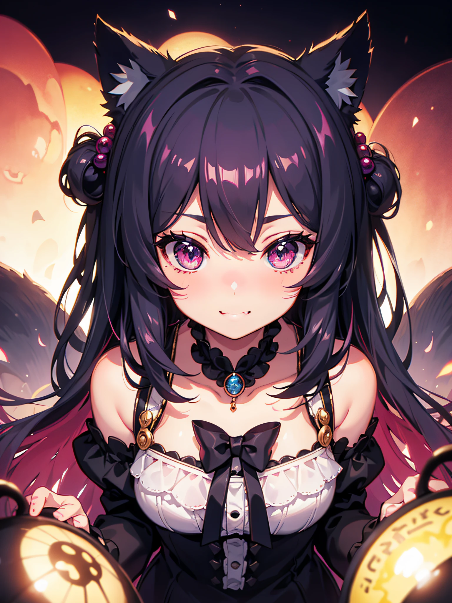 hair bobbles, wince, long eyelashes, solid round eyes, fake animal ears, slight smile, ear blush, fang, surrealism, ombre, anaglyph, stereogram, tachi-e, ass pov, atmospheric perspective, 8K, super detaill, ccurate, Best Quality