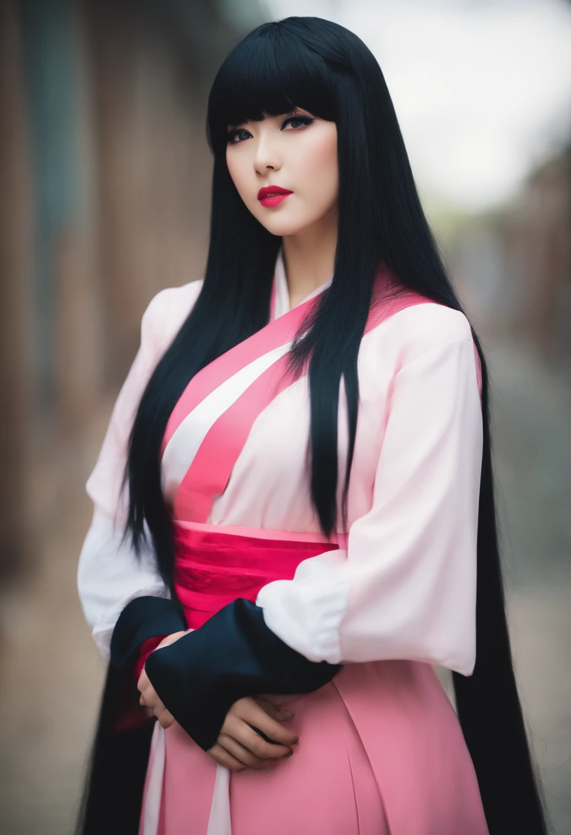 1 girl, long black hair with bangs,Cosplay Hinata, big hunchback, big chest, pink lips, name Hinata Hyuga