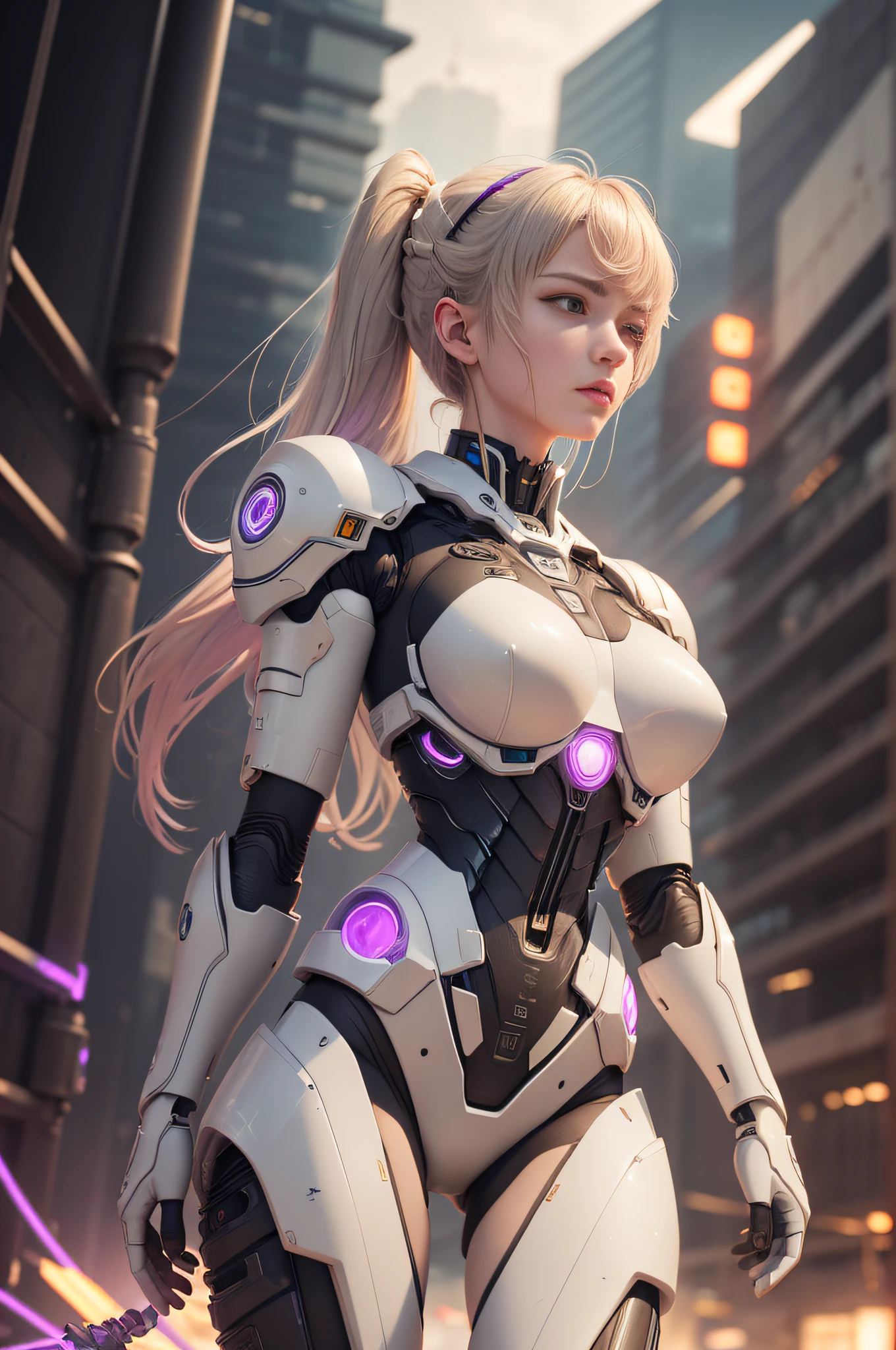 1mechanical_girl_with_kidou_keisatsu_patlabor_body , wearing_intricate_bioluminescent_mechanical_cyborg_armor_made_out_of ((white_beige_old_plastic)) , ((ultra realistic details)), detailed_face, global_illumination, shadows, octane_render, 8k, ultra_sharp, metal, ornaments_detailed, cold_colors, egypician_detail, highly_intricate_details, realistic_light, trending_on_cgsociety, glowing_eyes, look down on someone, ((from below)), lifted by self, looking at viewer, neon_details, machanical_limbs, blood_vessels_connected_to_tubes, ((lot_wires_and_cables_connecting_to_head_and_body)), killing_machine, extremely_sexy, lustful, medium breasts, slutty , official wallpaper, NSFW, In the style of Neon Genesis Evangelion, you find yourself standing on a desolate, post - apocalyptic wasteland, as the distant ruins of a massive city loom on the horizon. The sky is filled with ominous clouds, as a massive creature towers in the distance, cinematic light, dramatic light, pink + violet