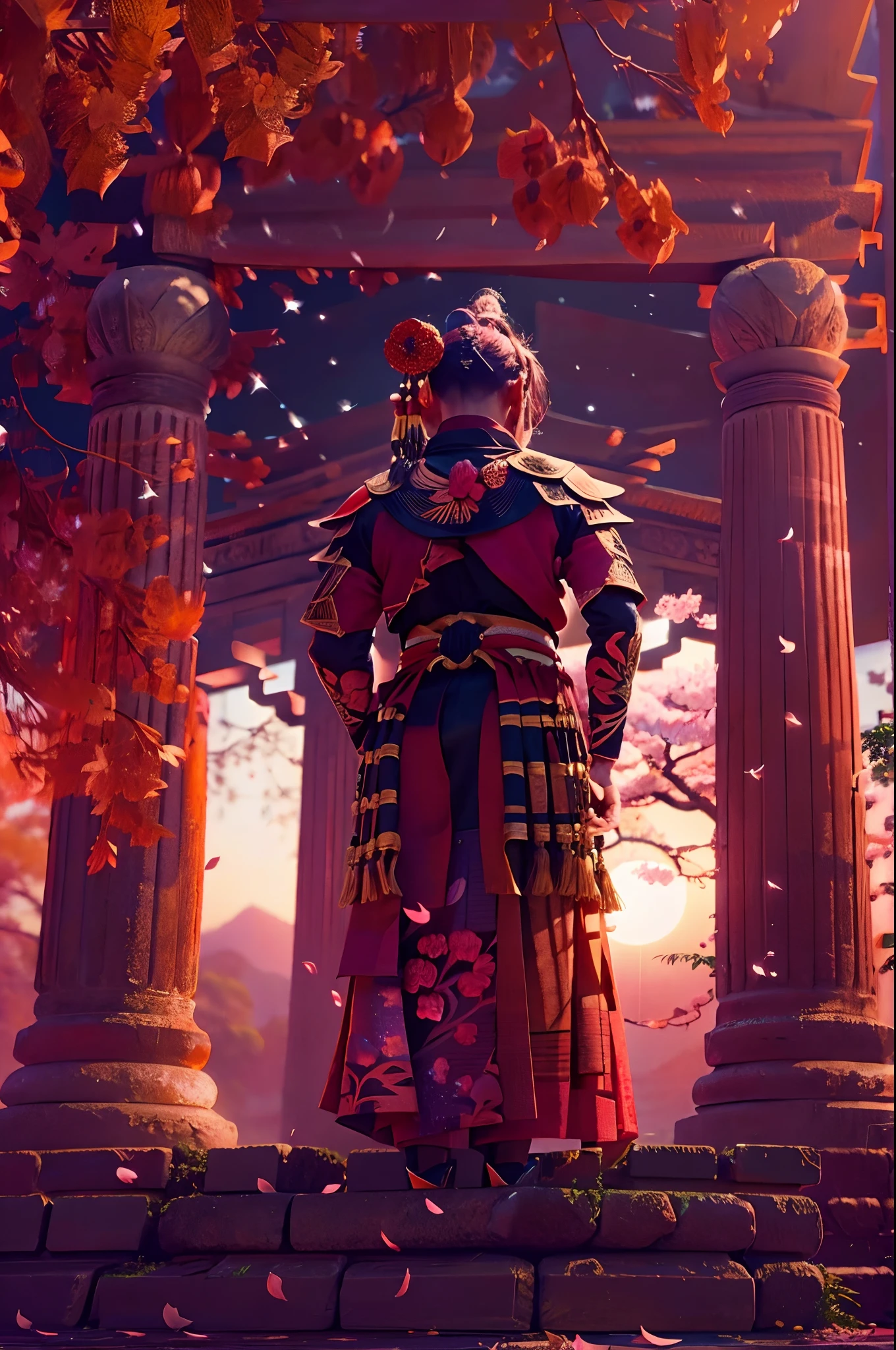 1 warrior looking at the sun setting on the horizon with several stars around, 4k , ultra realismo HD, in an ancient temple with scarlet-colored sakuras petals.