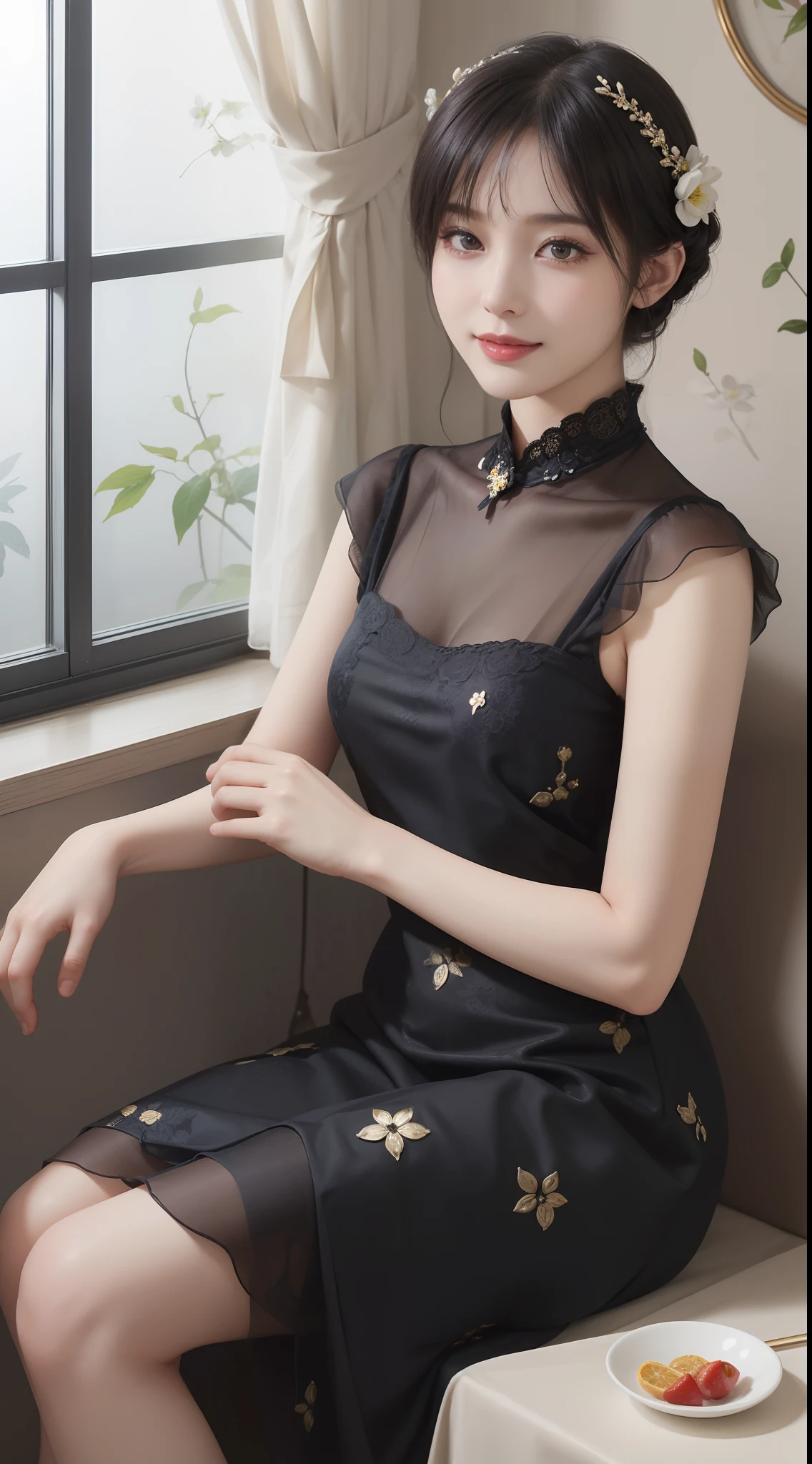 ((Best Quality))), (8K picture quality), ((masutepiece)), (Very sophisticated、Beautiful fece), (wearing dresses) , (1womanl), (Black Shorthair), Dress up, with floral pattern, Soft silk fabric, 电影灯光, Gentle expression, A slight smil, Luxurious interior