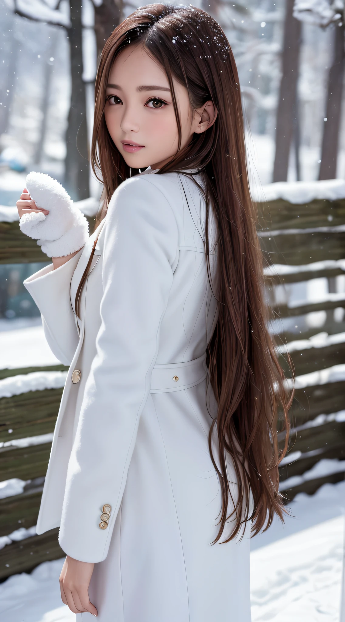 1womanl, up of face, light brown hair, Blunt bangs, hair behind ear, hair over shoulder, Long hair, slender body shape, Ultra Fine Face, Thin face, Delicate lips, Beautiful eyes, thin blush, eyes are light brown,View here, Ultra-thin hands, Ultra-fine fingers, best ratio four finger and one thumb, (realisitic:1.3), white longcoat, muffler , gloves、Coniferous forest with heavy snowfall, It's snowing .One-person viewpoint, 8K, masutepiece, nffsw, Super Detail, High quality, Best Quality, hight resolution,