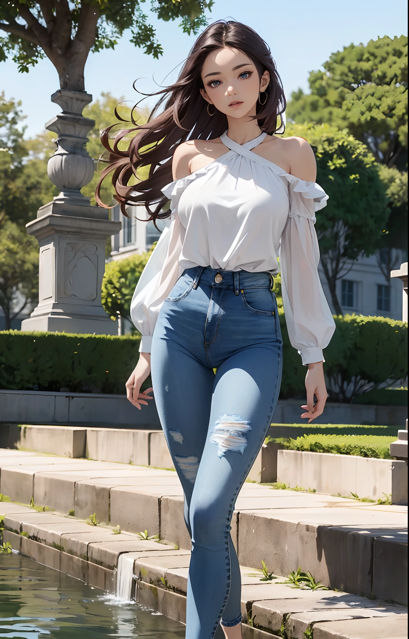 masterpiece, extremery magnificent view, perspective, extremery best quality, extremery detailed CG, 8k wallpaper, high resolution, highly detailed face, highly detailed eyes, perfect anatomy, super detailed skin,
(dynamic angle, dynamic pose:1.2), outdoors, park, tree and pond, (portrait, legs focus, full body), (beautiful face, beautiful eyes, beautiful legs:1.3),
1 girl, solo, (white blouse, blue denim pants:1.3), bare shoulder, long sleeves, (skinny jeans pants:1.3), large breasts, brown hair, long hair, wavy hair, open forehead, blue eyes, skinny, slender, wide hips, thin waist