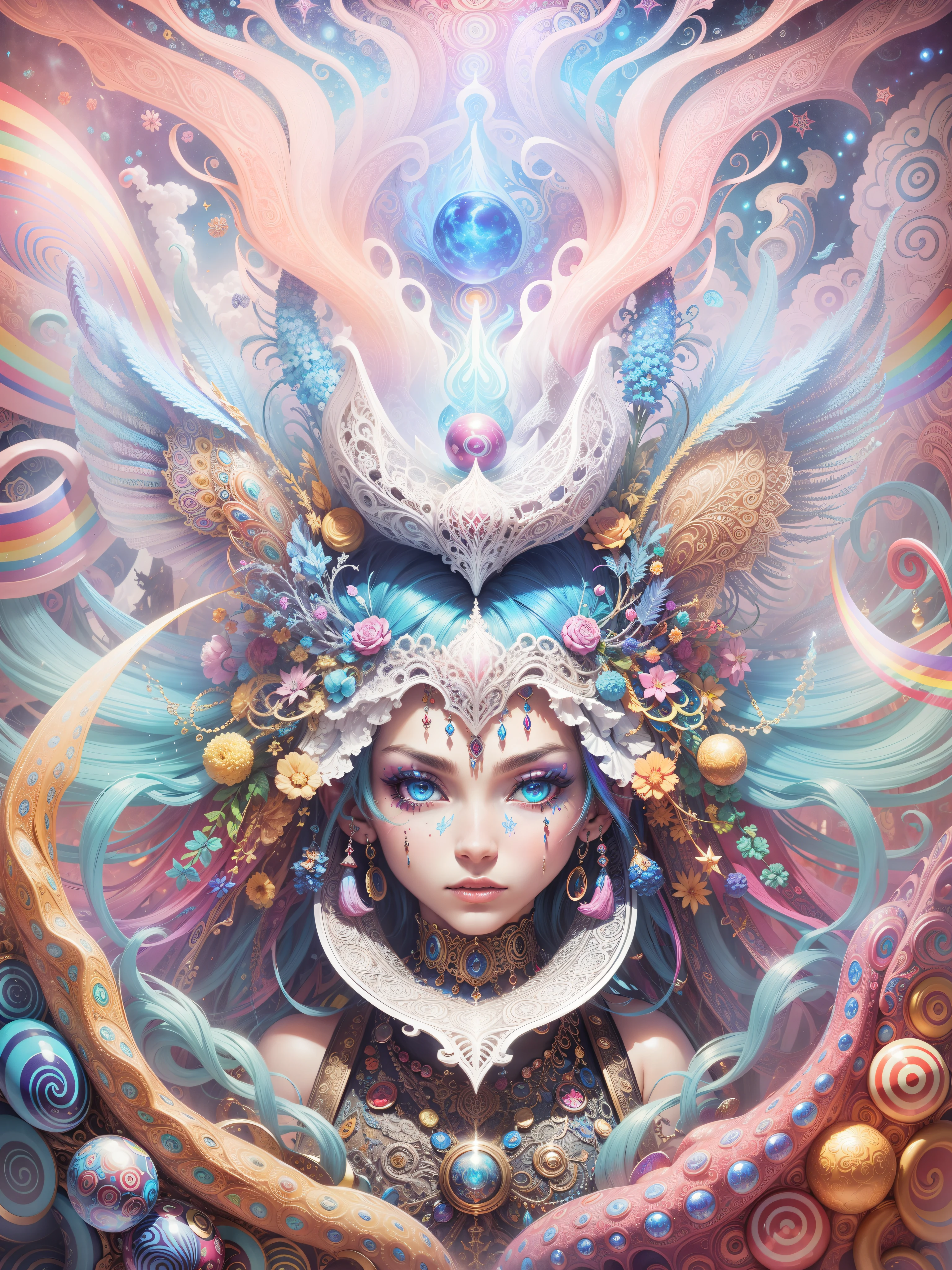 Intricate details, many colorful, psychedelic art, trippy, Heaven and hell, battle, full objects show, candy, rainbow, beautiful face