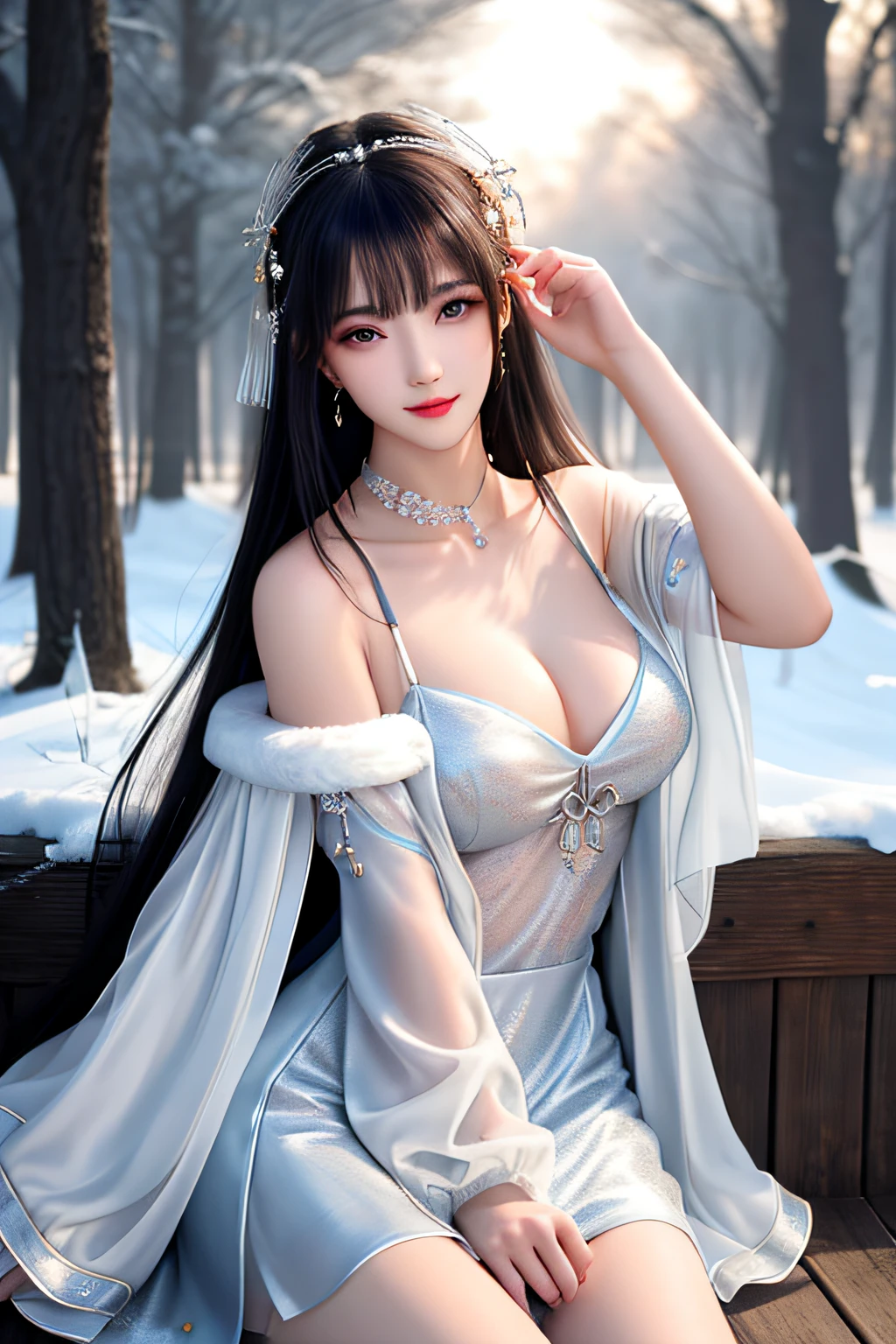 best qualityer,8K, tmasterpiece, A high resolution, 1girll, Clear silk porcelain dress, Fur coat, hair adornments, ssmile, Keep one's mouth shut, cparted lips,Large breasts,Shoulder, shift dresses, hair adornments, choker necklace, jewely, Chinese outfit, long whitr hair, 耳Nipple Ring, Detailed beautiful eyes, detailed eyelashes, beautiful face,after sexing_Body,Slender and long legs, Tyndall effect,realisticlying, edge lit, twotonelighting,(highdetailskin:1.2), 8K, Ultra HD, digital SLR camera, gentle illumination, high high quality, Volumetriclighting, Frankness, photore, A high resolution, Bokeh, at a forest, Falling snow, Winters, in the afternoon