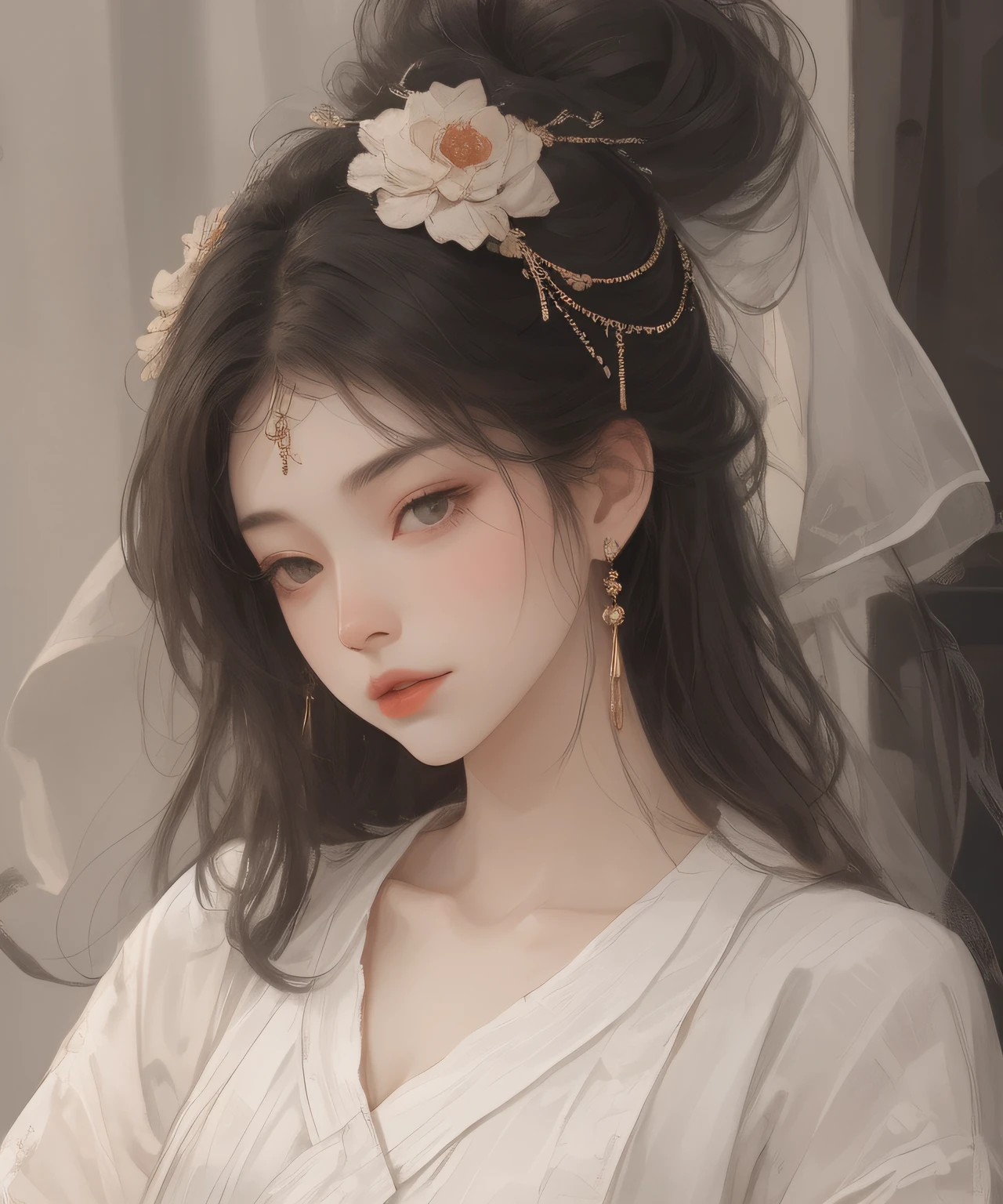 Best quality、tmasterpiece、A high resolution、1girll、Porcelain soft satin dress、Delicate hair accessories、Fine Necklace、detailed jewellery、pretty face、Physically、Flat and thin body,smallunderboob,Tyndall effect、realisticlying、Shadow Studio、edge lit、bicolor lighting、(highdetailskin:1.2)、8K UHD、Digital SLR、softlighting、high high quality、volumettic light、sneak shot、photore、A high resolution、4K、8K、The background is blurred out,