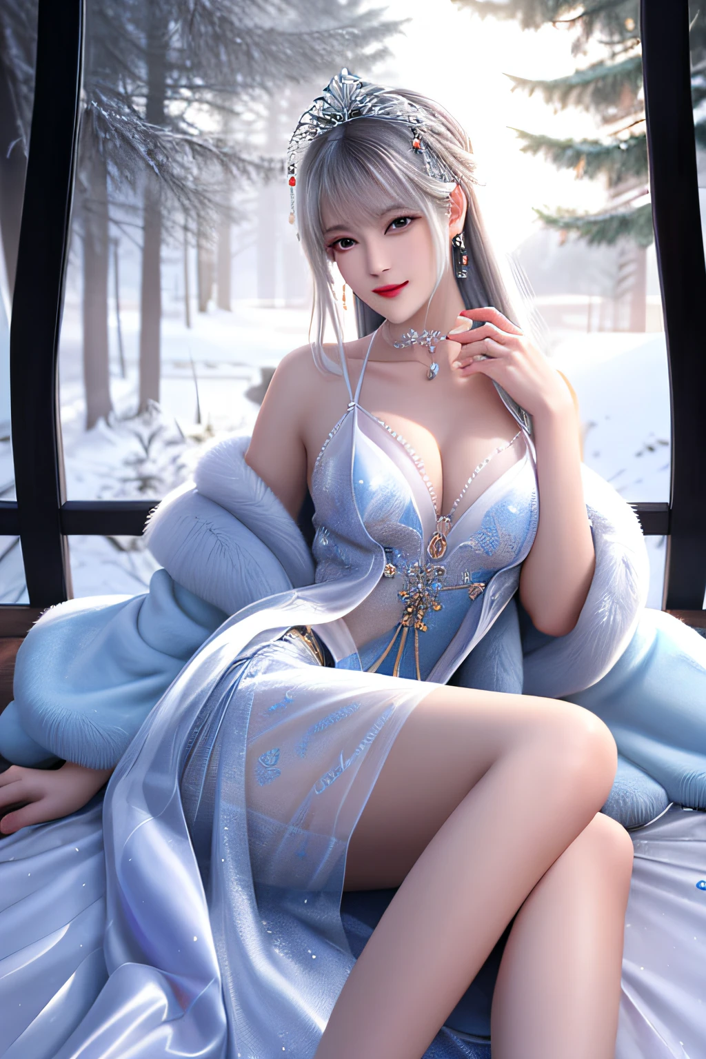 best qualityer，8K， tmasterpiece， A high resolution， 1girll， Clear silk porcelain dress， Fur coat， hair adornments， ssmile， Keep one's mouth shut， cparted lips，Large breasts，Shoulder， shift dresses， hair adornments， choker necklace， jewely， Chinese outfit， long whitr hair， 耳Nipple Ring， Detailed beautiful eyes， detailed eyelashes， beautiful  face，after sexing_Body，Slender and long legs， Tyndall effect，realisticlying， edge lit， twotonelighting，（highdetailskin：1.2）， 8K, Ultra HD， digital SLR camera， gentle illumination， high high quality， Volumetriclighting， Frankness， photore， A high resolution， Bokeh， at a forest， Falling snow， Winters， in the afternoon