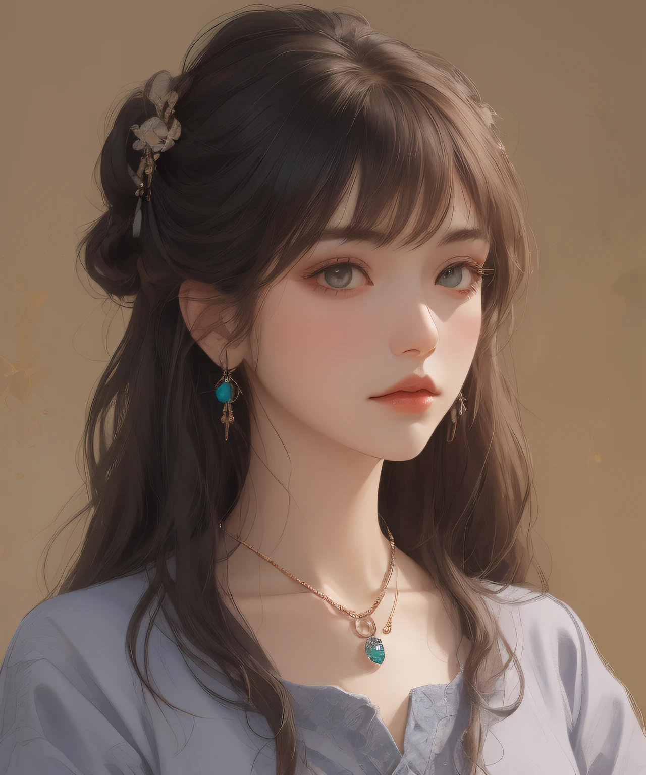 Best quality、tmasterpiece、A high resolution、1girll、Porcelain soft satin dress、Delicate hair accessories、Fine Necklace、detailed jewellery、pretty  face、Physically、Flat and thin body，smallunderboob，Tyndall effect、realisticlying、Shadow Studio、edge lit、bicolor lighting、（highdetailskin：1.2）、8K  UHD、Digital SLR、softlighting、high high quality、volumettic light、sneak shot、photore、A high resolution、4K、8K、The background is blurred out，
