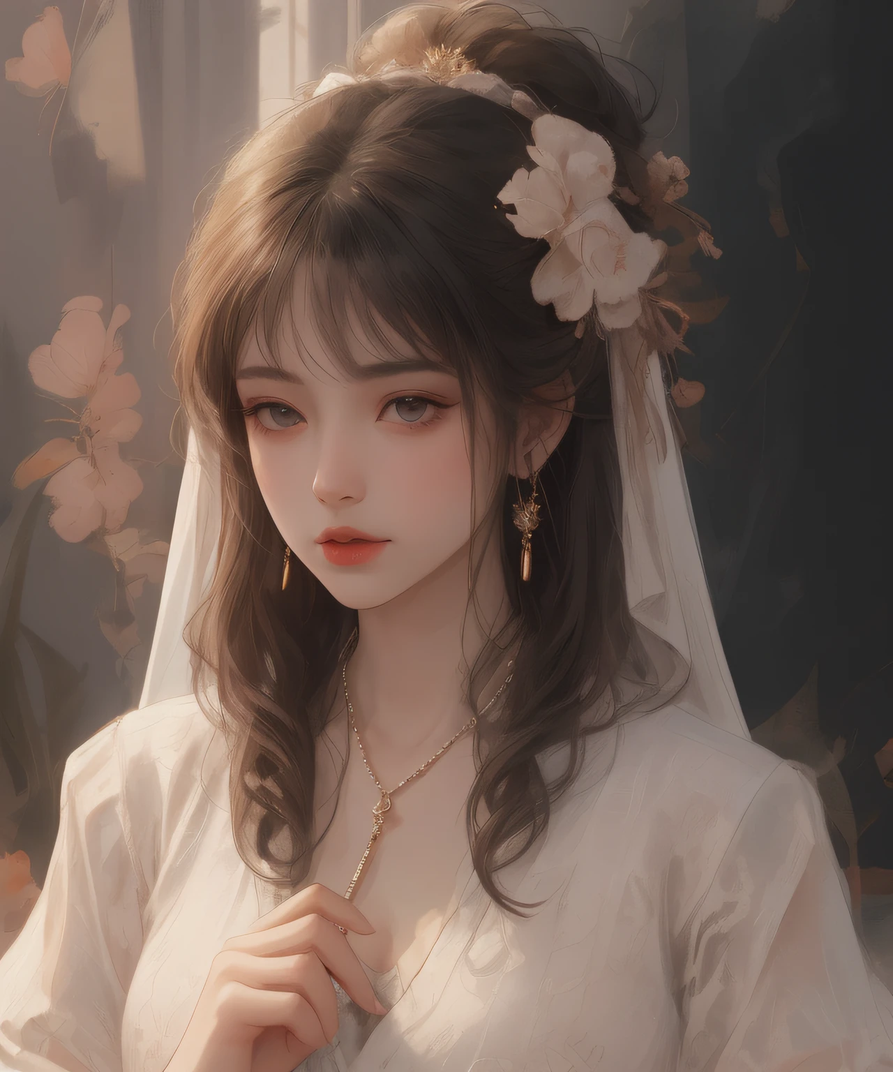 Best quality、tmasterpiece、A high resolution、1girll、Porcelain soft satin dress、Delicate hair accessories、Fine Necklace、detailed jewellery、pretty face、Physically、Flat and thin body,smallunderboob,Tyndall effect、realisticlying、Shadow Studio、edge lit、bicolor lighting、(highdetailskin:1.2)、8K UHD、Digital SLR、softlighting、high high quality、volumettic light、sneak shot、photore、A high resolution、4K、8K、The background is blurred out,