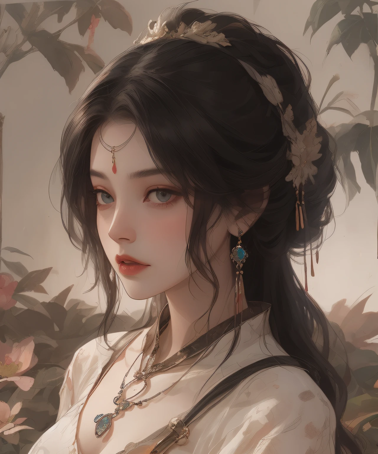 Best quality、tmasterpiece、A high resolution、1girll、Porcelain soft satin dress、Delicate hair accessories、Fine Necklace、detailed jewellery、pretty  face、Physically、Flat and thin body，smallunderboob，Tyndall effect、realisticlying、Shadow Studio、edge lit、bicolor lighting、（highdetailskin：1.2）、8K  UHD、Digital SLR、softlighting、high high quality、volumettic light、sneak shot、photore、A high resolution、4K、8K、The background is blurred out，