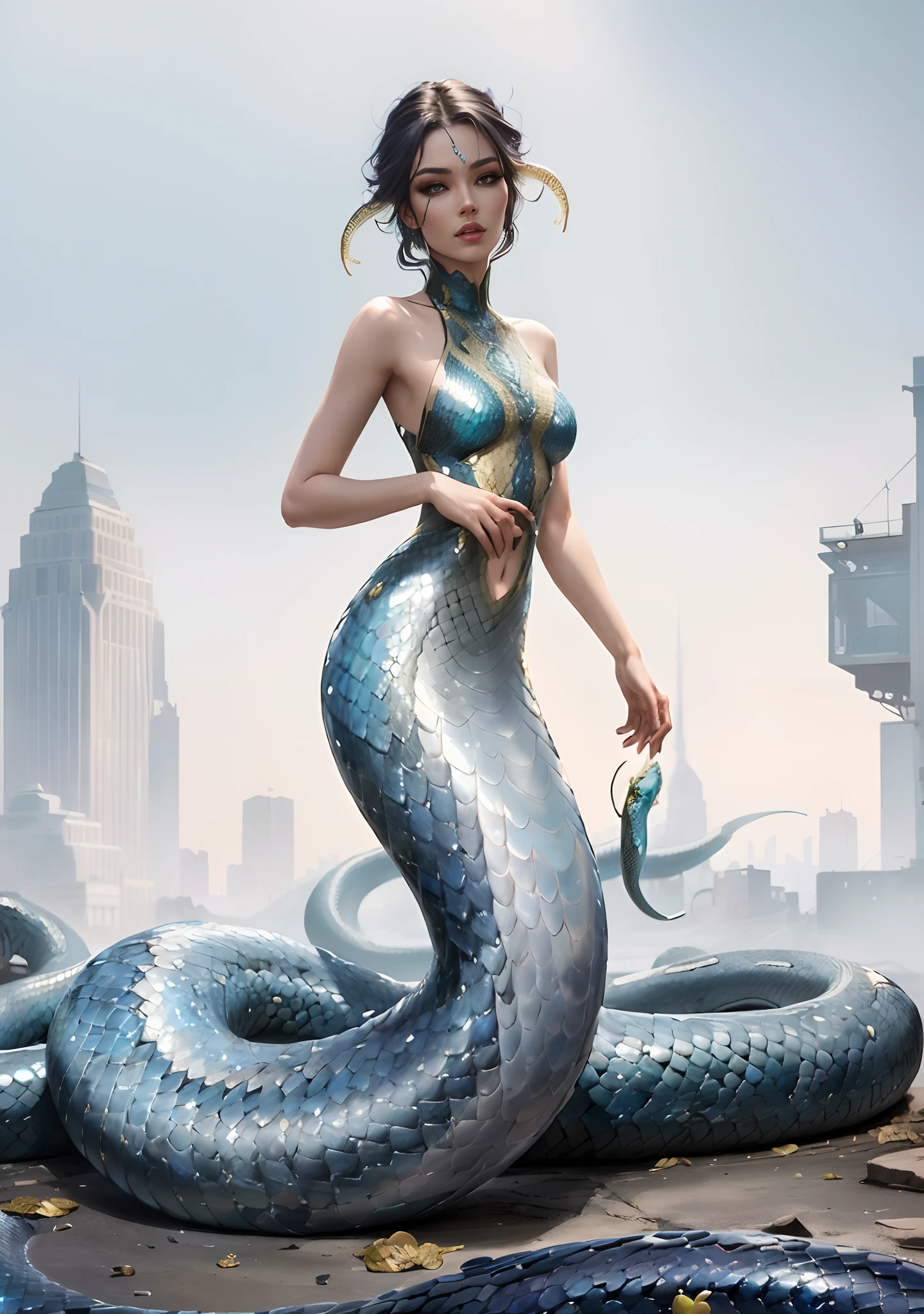 (Hyper-realistic), (illustratio), (A high resolution), (8K), (extremely higly detailed), (Most Best Illustration), (美丽细致的眼睛), (best qualtiy), (ultra - detailed), (tmasterpiece), ( the wallpaper), (详细的脸), 独奏,(dynamicposes),1girll,White dew,cropped shoulders,blooming flower field,Glowing skin,Light smile,White Snake,(mermaid:1.2), (Elongated snake tail:1.3),snake girl,Snake Banshee,Medusa,Golden scales