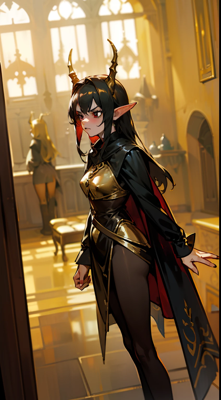 1woman,40 years,madure woman,solo,angry face,golden and black short dress,medium tits,black hair,long hair,red eyes,elves ears,golden horns,pantyhose,cape,(((standing in front of a room inside a castle)))