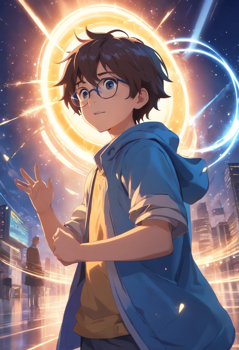 Create an incredibly detailed illustration of a 3--old wearing glasses, Usando magia. Rays of blue and yellow light with sparks emanate from his hands. ((Behind him, There is an open portal showing another world)). The environment must be magical, and the boy's expression must be one of astonishment and curiosity as he concentrates on his hands. Render this illustration in Octane at an 8k resolution (Magic:1.2) (Detailed illustration) (magia cintilante) (portal para outro mundo) (confident expression) (magical ambiance)
