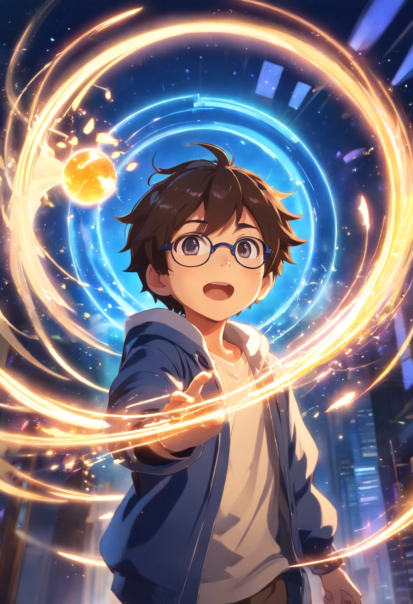 Create an incredibly detailed illustration of a 3-year-old boy wearing glasses, Usando magia. Rays of blue and yellow light with sparks emanate from his hands. ((Behind him, There is an open portal showing another world)). The environment must be magical, and the boy's expression must be one of astonishment and curiosity as he concentrates on his hands. Render this illustration in Octane at an 8k resolution (Magic:1.2) (Detailed illustration) (magia cintilante) (portal para outro mundo) (confident expression) (magical ambiance)