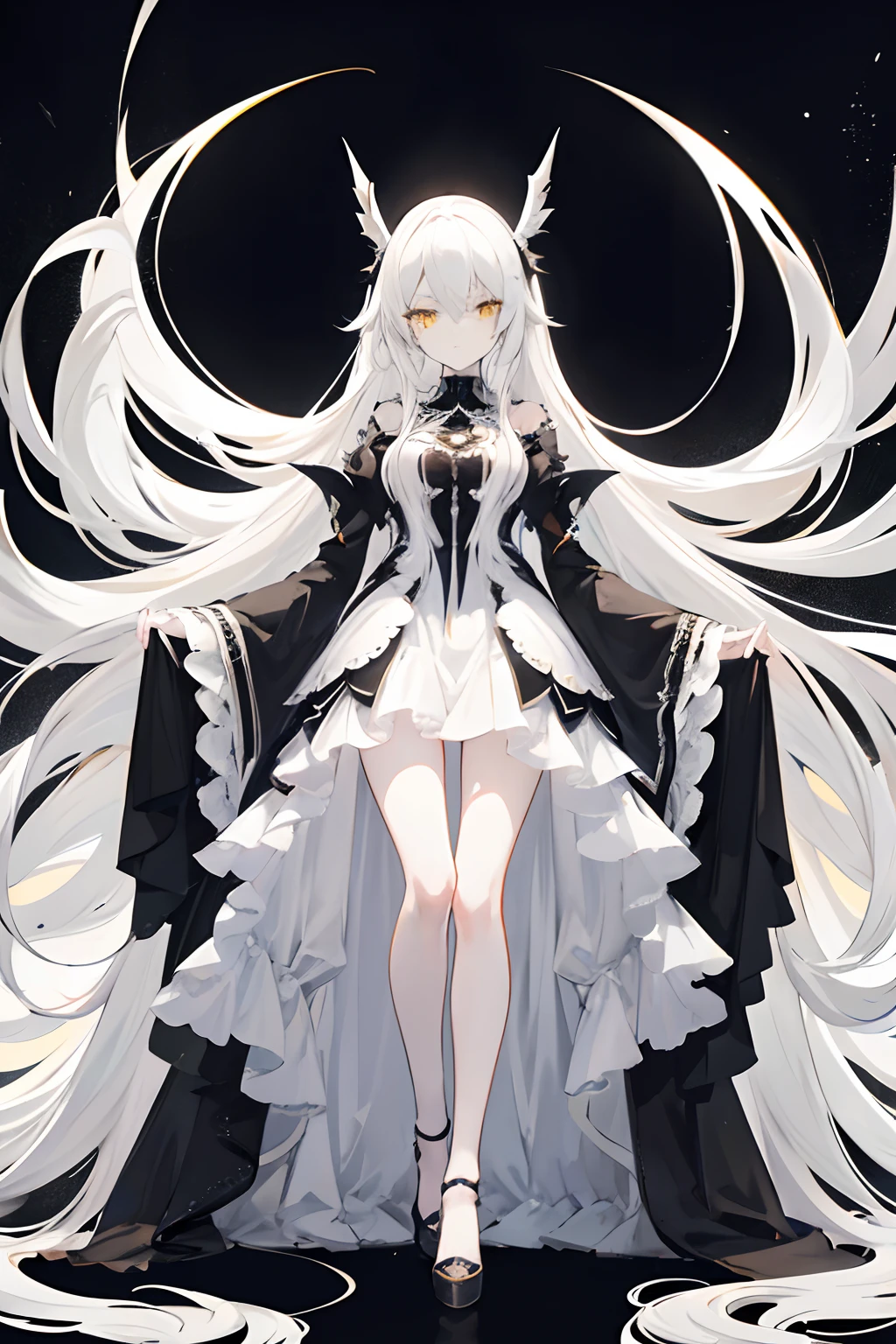 Anime girl, long white hair, beautiful yellow eyes, in a beautiful black and white dress, looking a bit sad with a expressionless face, full body, detailed, good anatomy, beautiful darker color background, 8k, high resolution