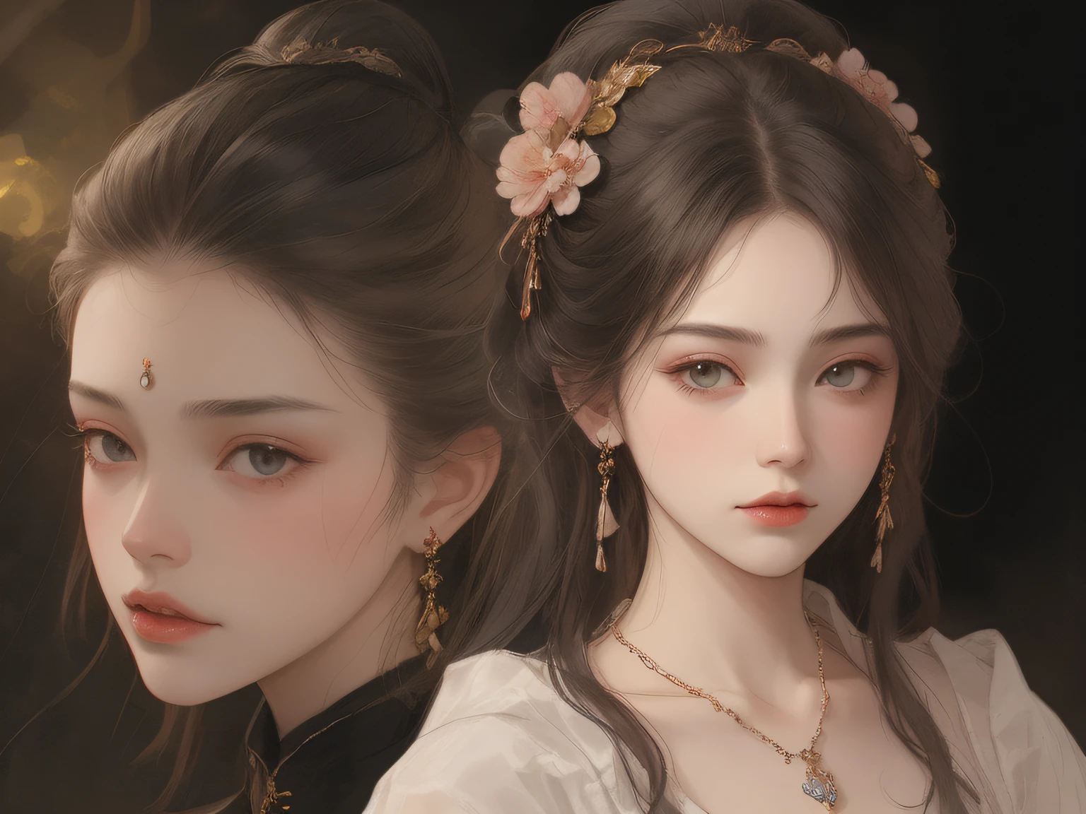 Best quality、tmasterpiece、A high resolution、1girll、Porcelain soft satin dress、Delicate hair accessories、Fine Necklace、detailed jewellery、pretty  face、Physically、Flat and thin body，smallunderboob，Tyndall effect、realisticlying、Shadow Studio、edge lit、bicolor lighting、（highdetailskin：1.2）、8K  UHD、Digital SLR、softlighting、high high quality、volumettic light、sneak shot、photore、A high resolution、4K、8K、The background is blurred out，