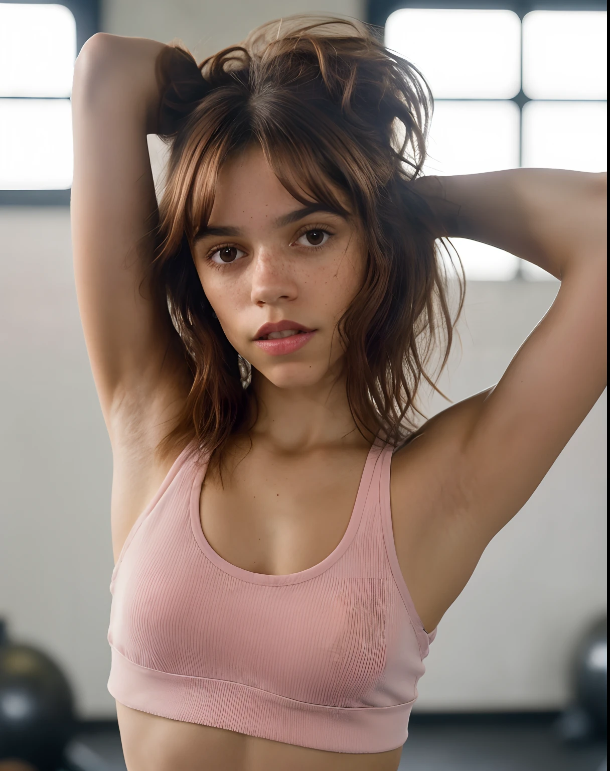 portrait of jortega looking at viewer, shaggy wolf haircut into a silky lob, Auburn Hair color, showing armpits, at gym, sweating armpits, licking armpits, cute, wearing pink top, masterpiece, extremely detailed skin, photorealistic, heavy shadow, dramatic and cinematic lighting, key light, fill light