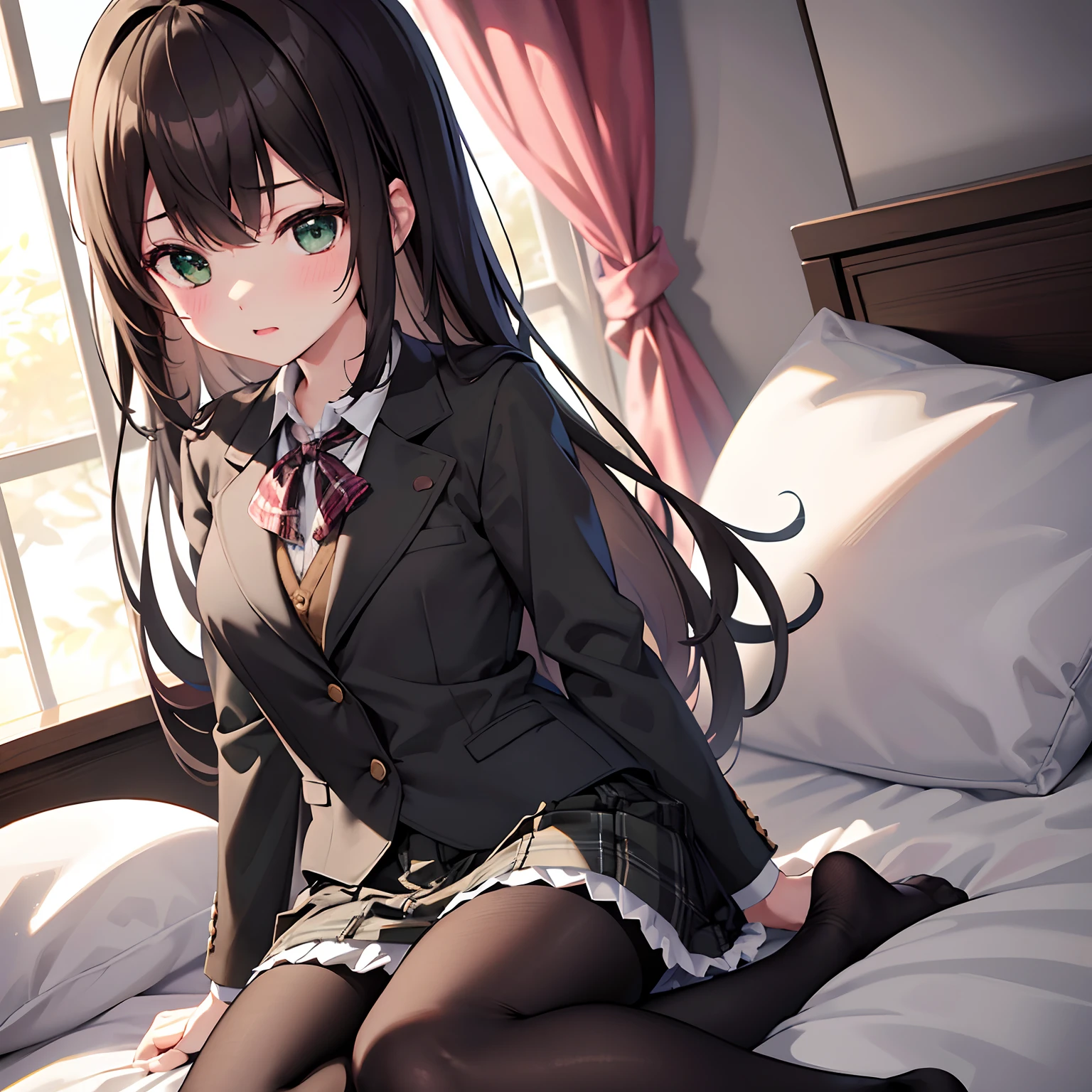 virginal 、{{Vulgarity}}、hi-school girl、on the beds、brownish hair、校服、(Brown blazer)、Ribbon Ties、(Green and gray plaid skirt)、(Black tights)、​masterpiece、highcontrast、cinematlic lighting、Detailed shading、top-quality、Top image quality