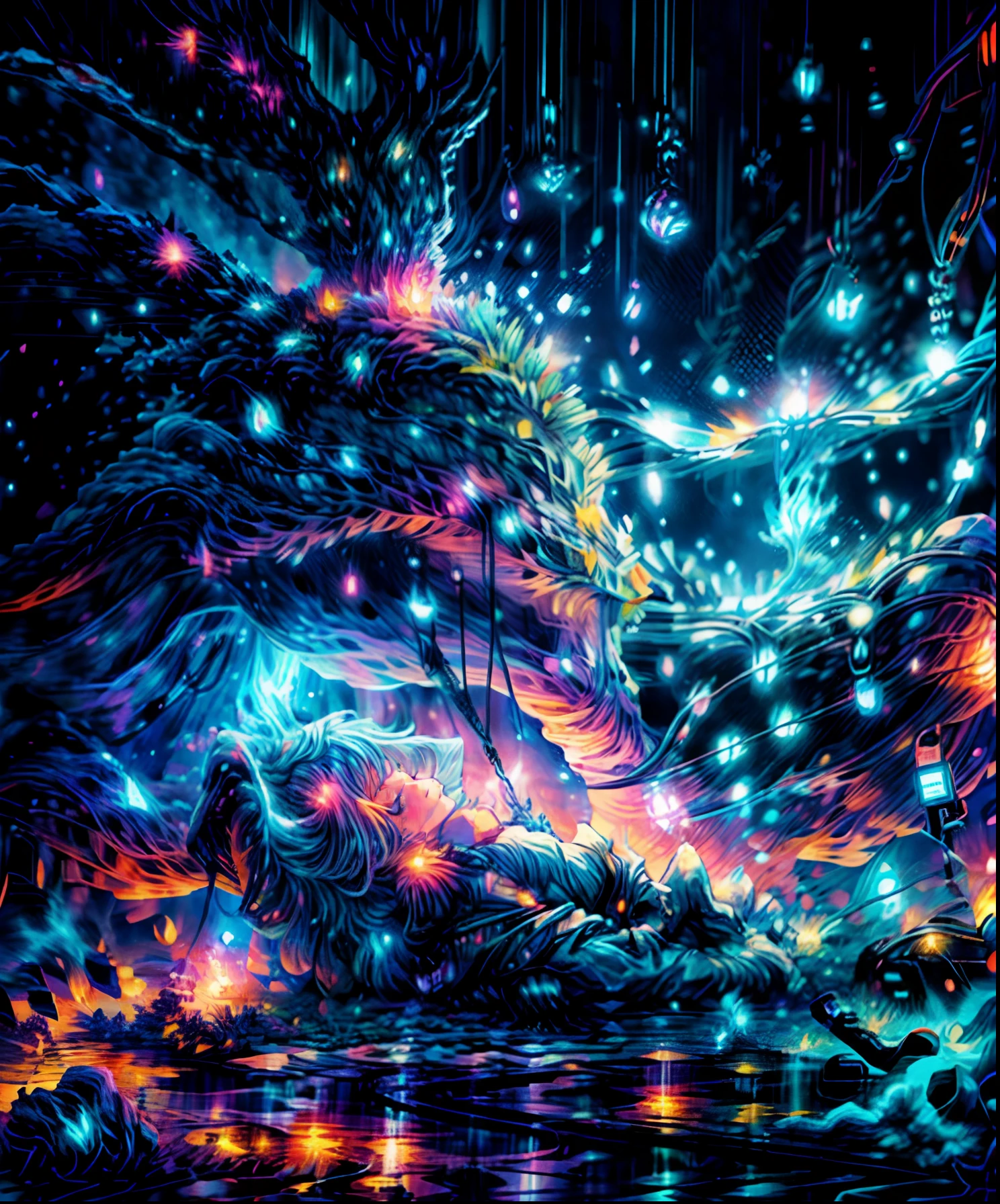 Describe a scene where a cute girl character is lying on a grassy hill, Looking up at the starry sky. Surround her with colorful nebulae and her favorite constellations.