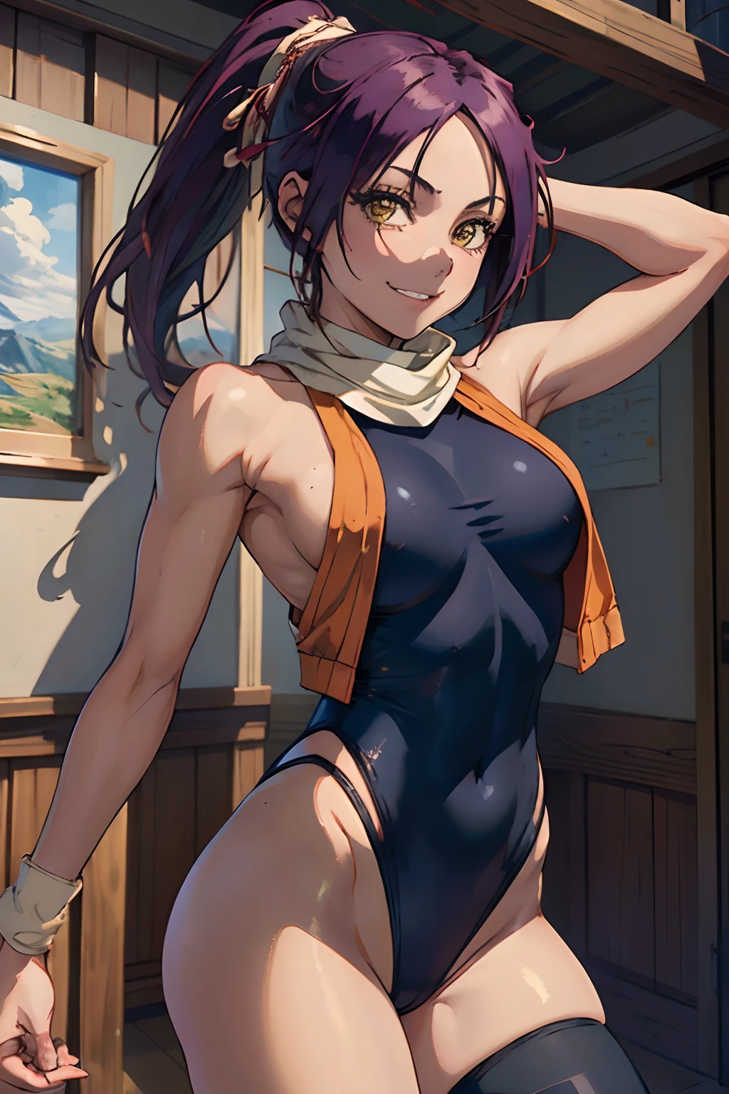 (masterpiece, best quality:1.2), cowboy shot, solo, 1girl, shihouin yoruichi, smile, looking at viewer, ponytail, leotard, thighhighs, white scarf