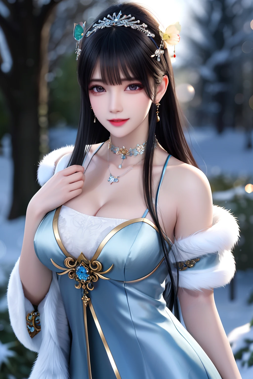 best qualityer,8K, tmasterpiece, A high resolution, 1girll, Clear silk porcelain dress, Fur coat, hair adornments, ssmile, Keep one's mouth shut, cparted lips,Large breasts,Shoulder, shift dresses, hair adornments, choker necklace, jewely, Chinese outfit, long whitr hair, 耳Nipple Ring, Detailed beautiful eyes, detailed eyelashes, beautiful face,after sexing_Body, Tyndall effect,realisticlying, edge lit, twotonelighting,(highdetailskin:1.2), 8K, Ultra HD, digital SLR camera, gentle illumination, high high quality, Volumetriclighting, Frankness, photore, A high resolution, Bokeh, at a forest, Falling snow, Winters, in the afternoon
