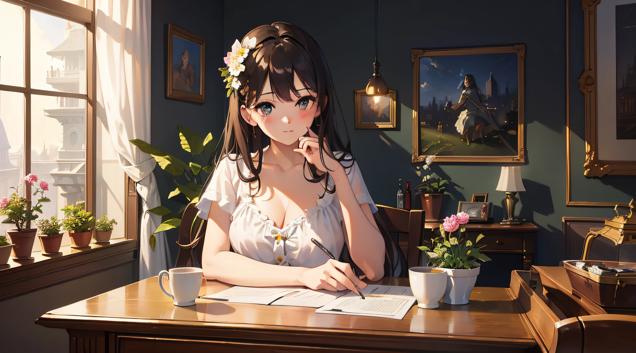 Masterpiece,Best Quality,Masterpiece,Best Quality,official arts,extremely detailed CG unity 8k wallpaper,Light retro color,RISO Print Style,illustartion,Cute,1girl,Flowers,windowsill,flower pot,Drink coffee,.